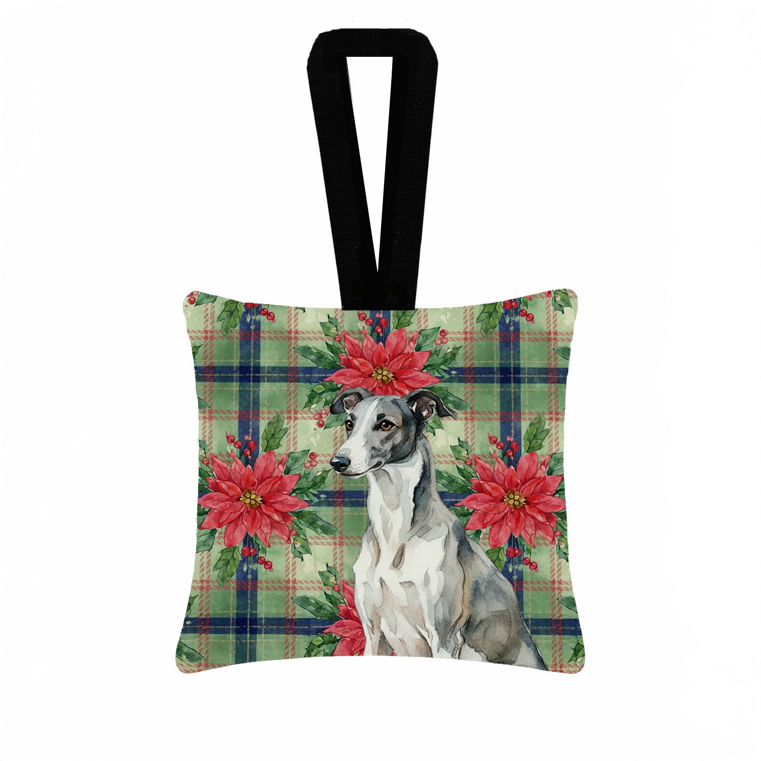 Caroline's Treasures Black and White Greyhound Christmas PoinsettIas Hanging Square Fabric Ornament 3.5 x 3.5
