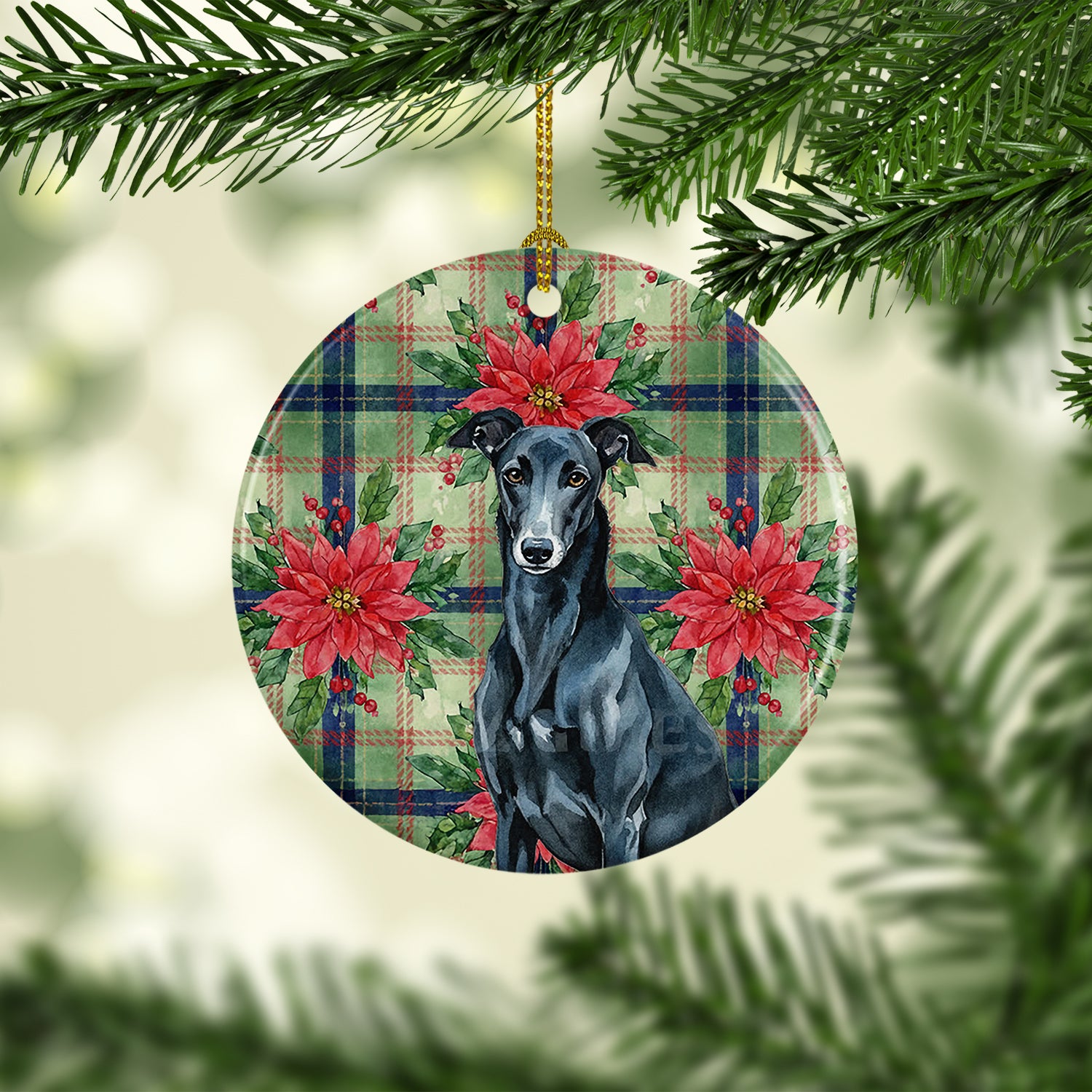 Caroline's Treasures Black Greyhound Christmas PoinsettIas Ceramic Ornament