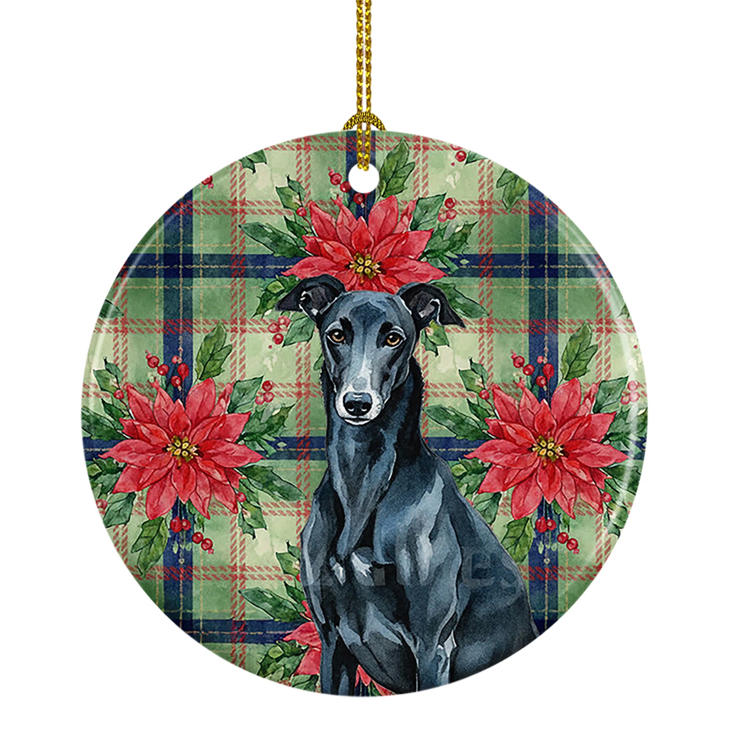 Caroline's Treasures Black Greyhound Christmas PoinsettIas Ceramic Ornament