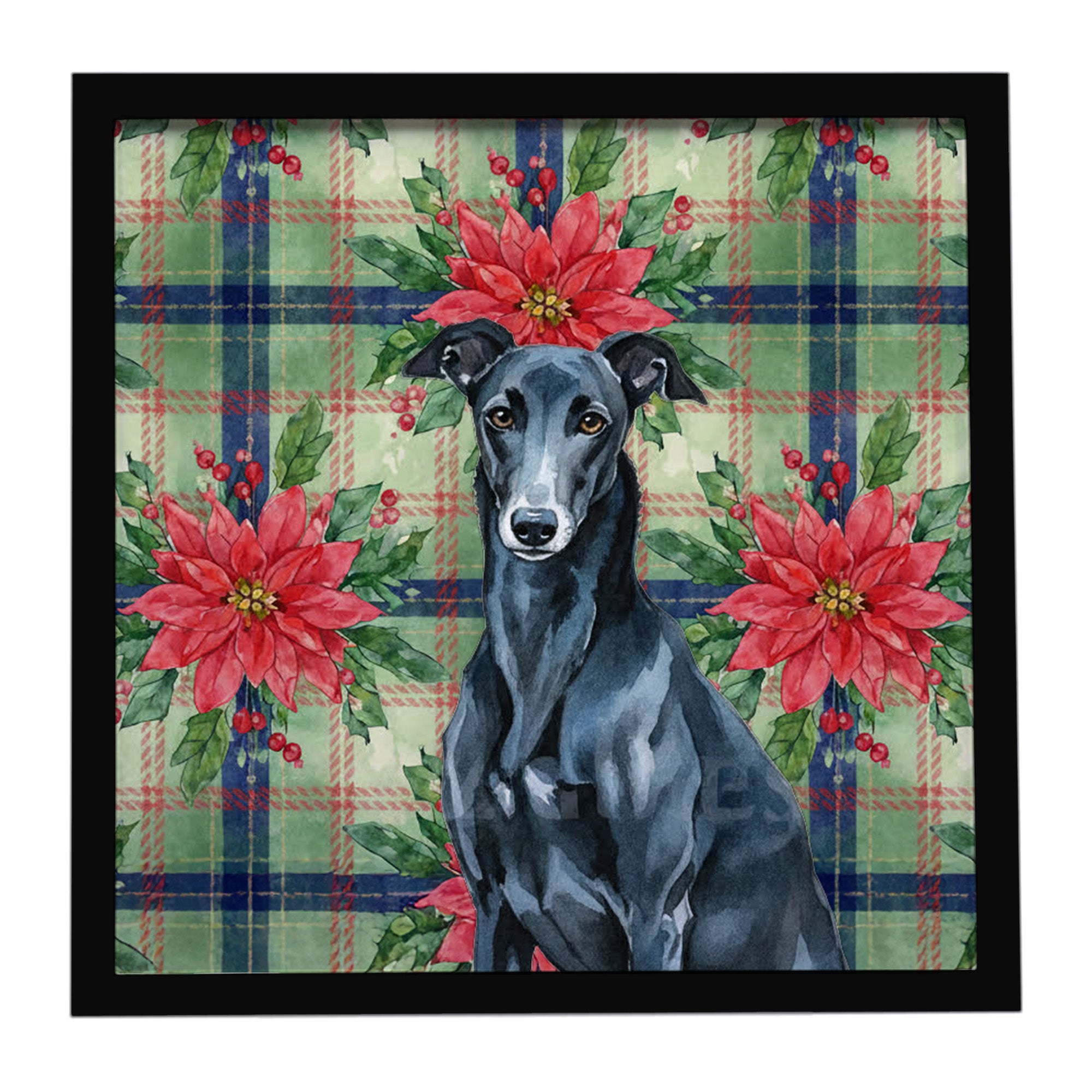 Caroline's Treasures Black Greyhound Christmas PoinsettIas Framed Metal Print