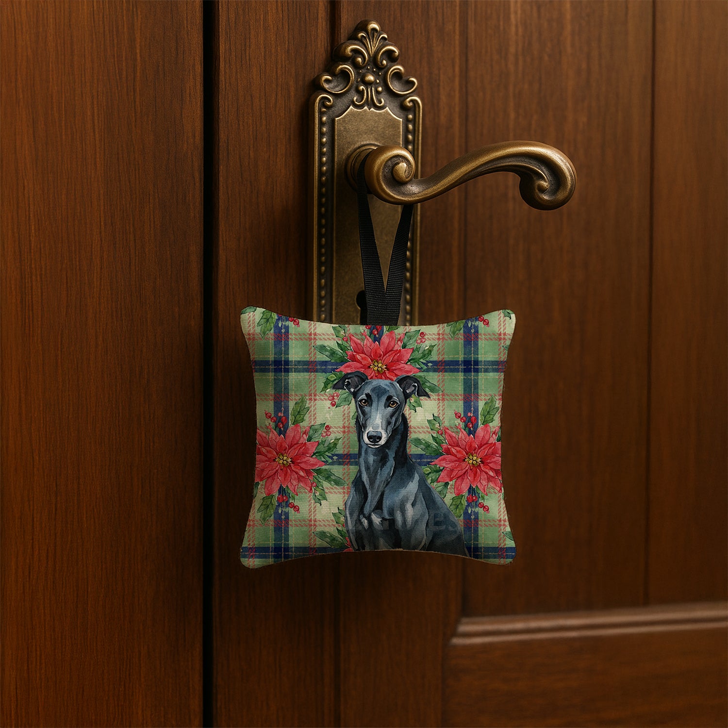 Caroline's Treasures Black Greyhound Christmas PoinsettIas Hanging Square Fabric Ornament 3.5 x 3.5