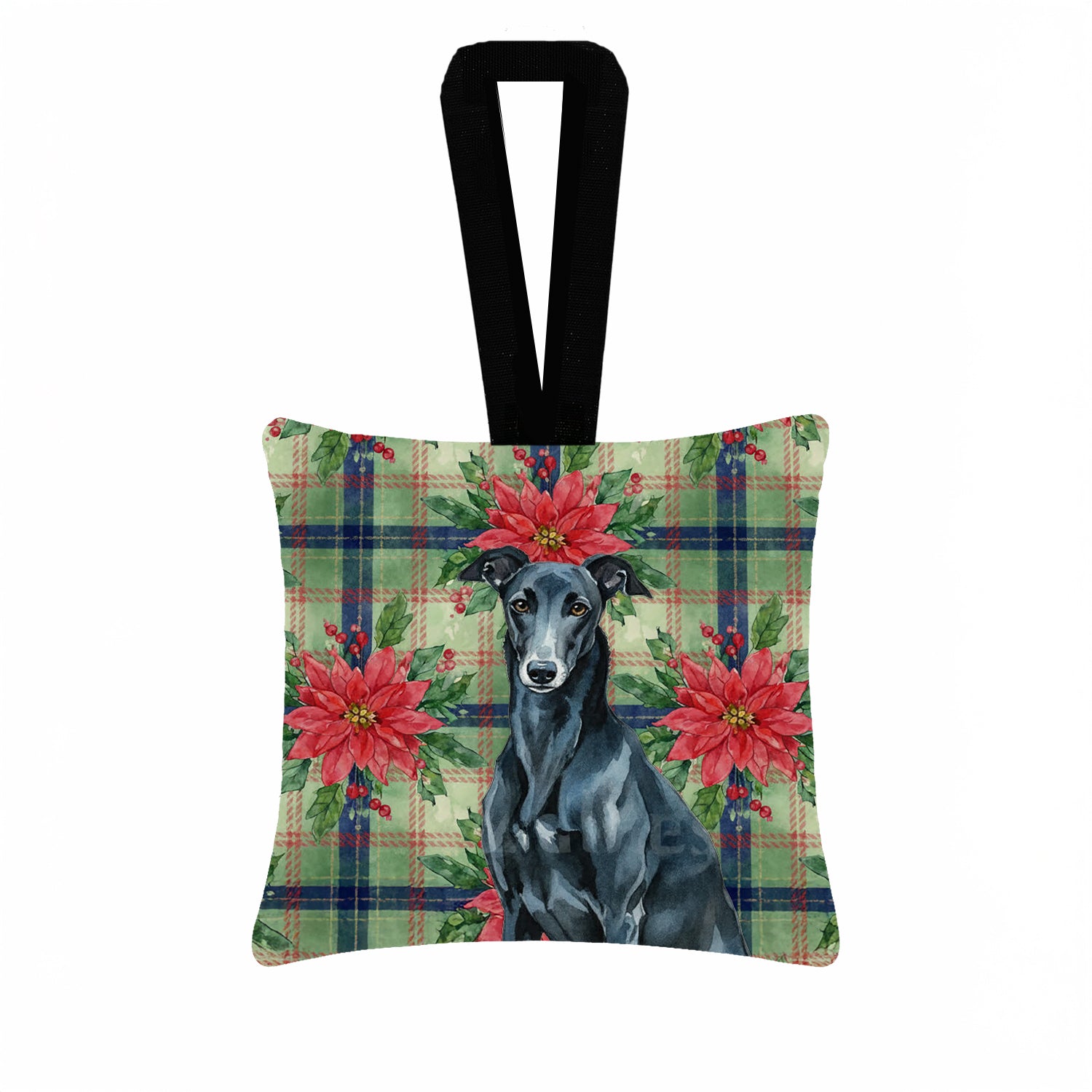 Caroline's Treasures Black Greyhound Christmas PoinsettIas Hanging Square Fabric Ornament 3.5 x 3.5