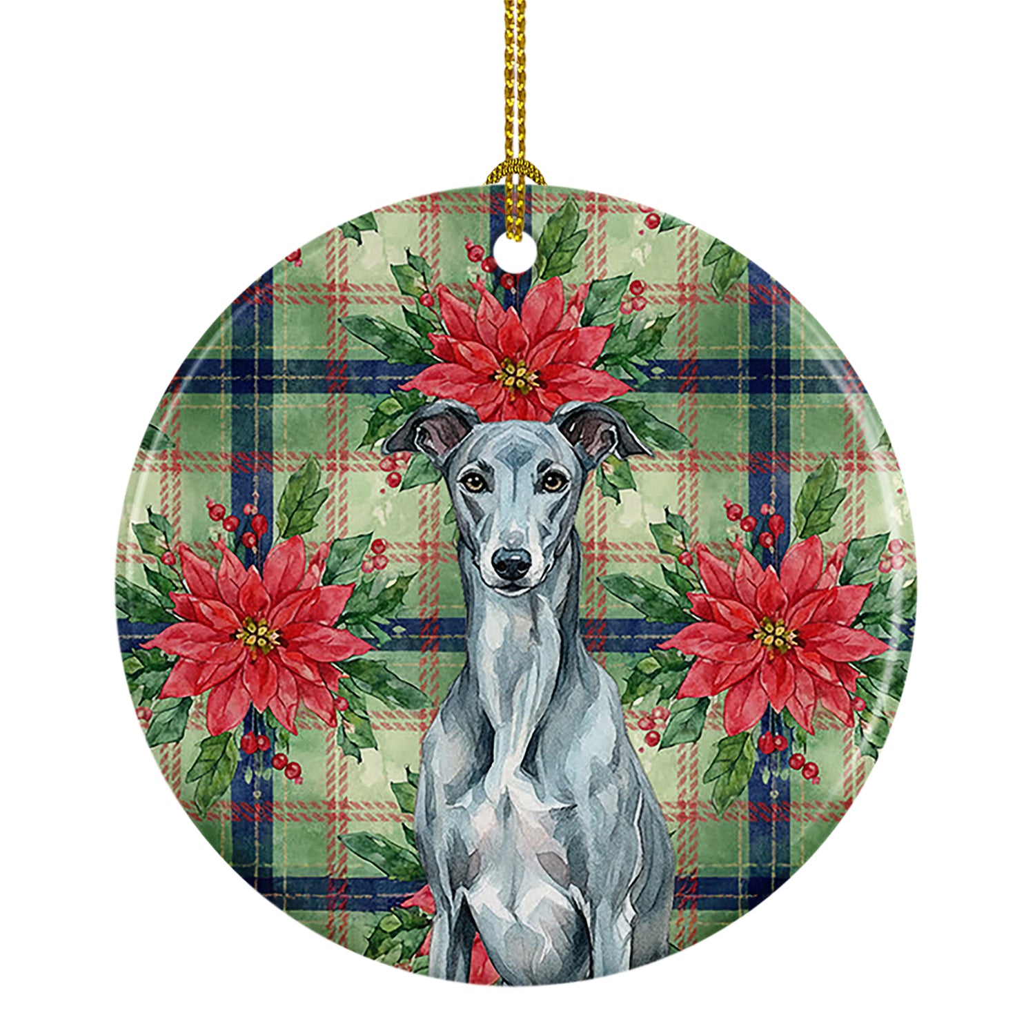 Caroline's Treasures Blue Brindle Greyhound Christmas PoinsettIas Ceramic Ornament