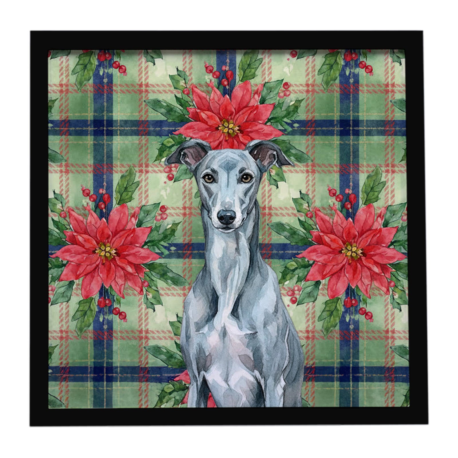 Caroline's Treasures Blue Brindle Greyhound Christmas PoinsettIas Framed Metal Print