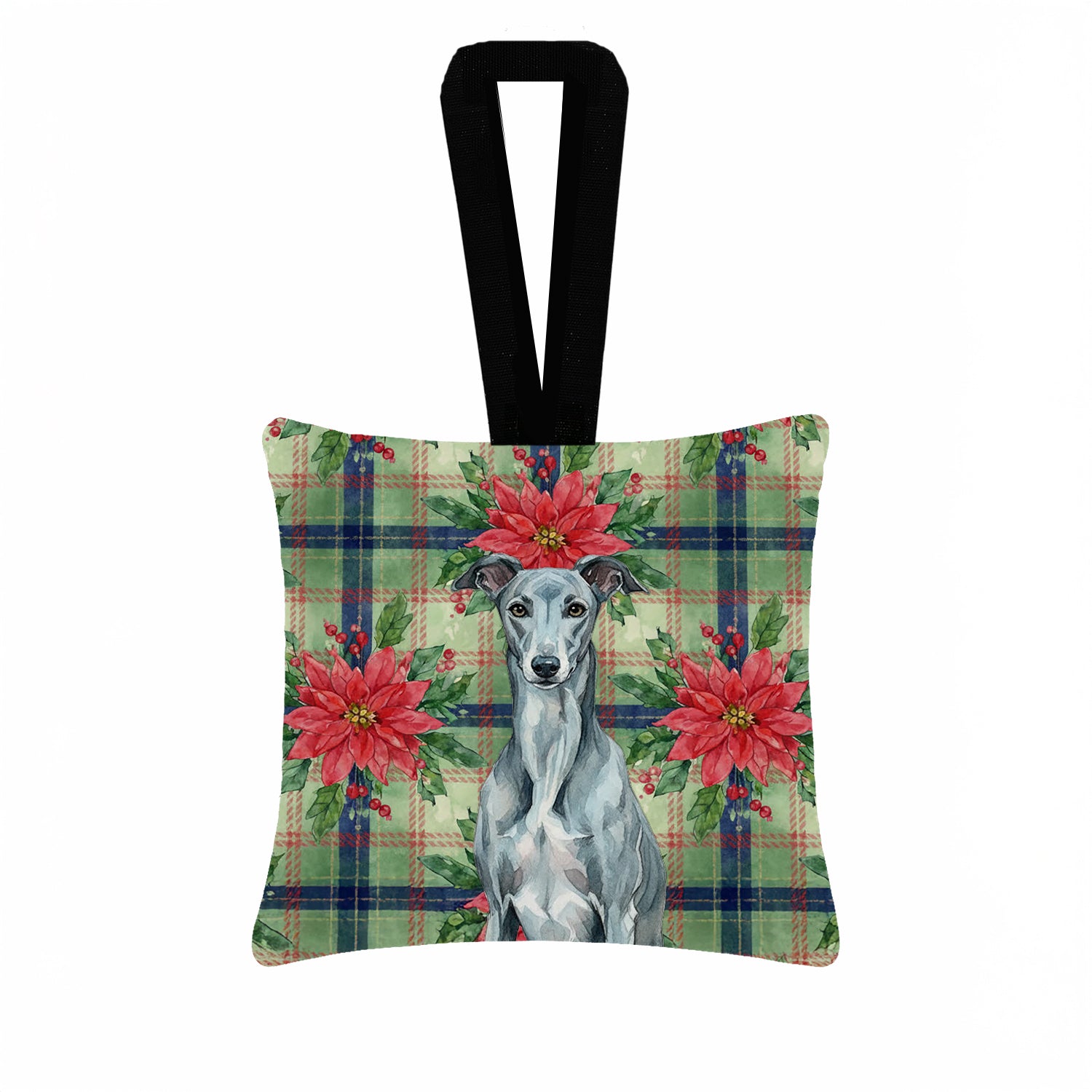 Caroline's Treasures Blue Brindle Greyhound Christmas PoinsettIas Hanging Square Fabric Ornament 3.5 x 3.5