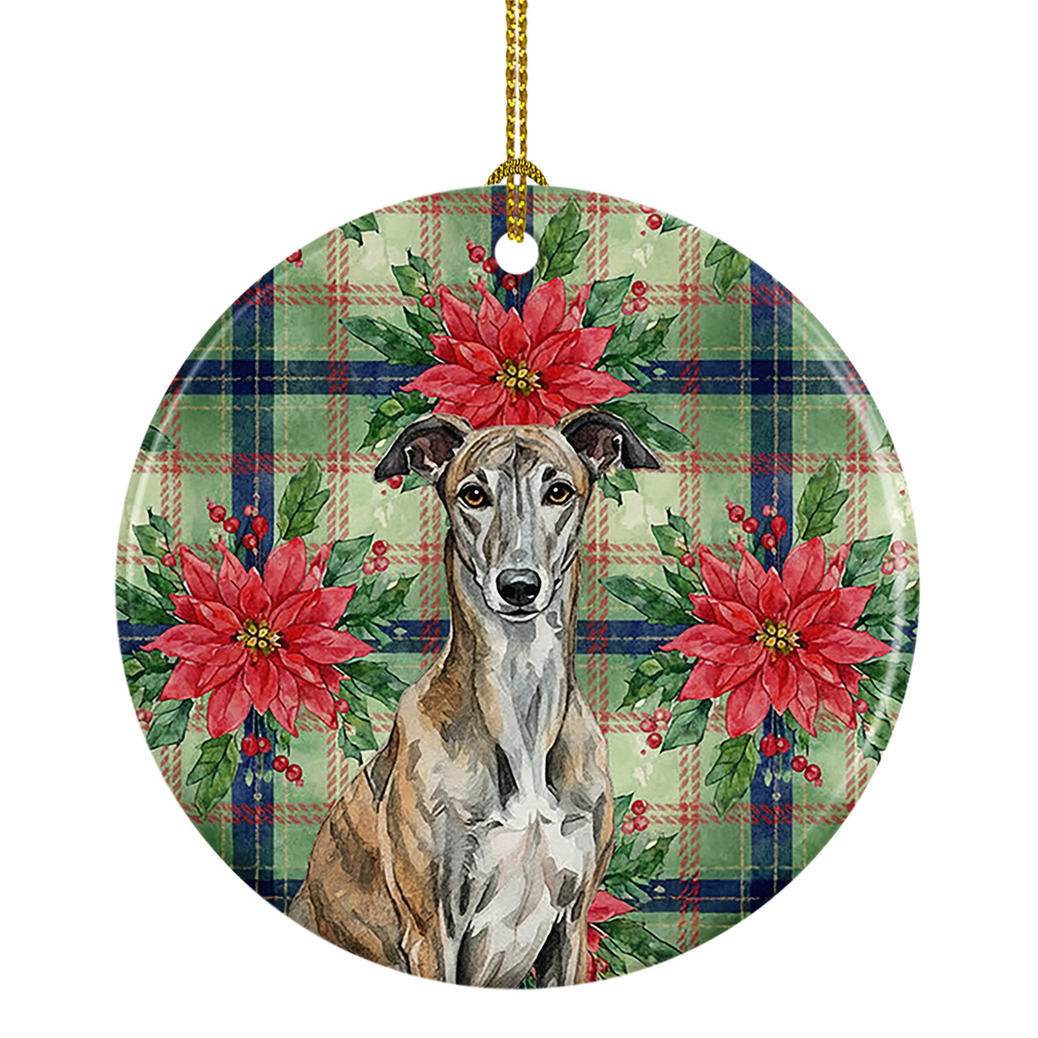 Caroline's Treasures Brindle Greyhound Christmas PoinsettIas Ceramic Ornament