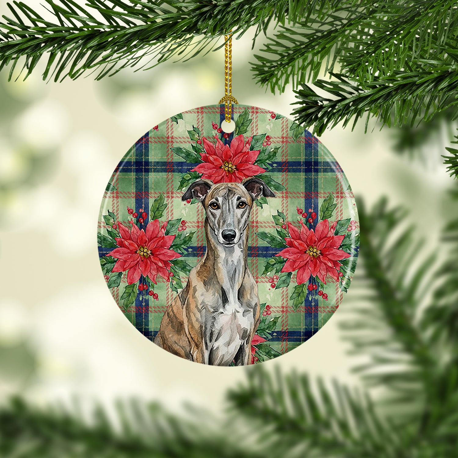 Caroline's Treasures Brindle Greyhound Christmas PoinsettIas Ceramic Ornament