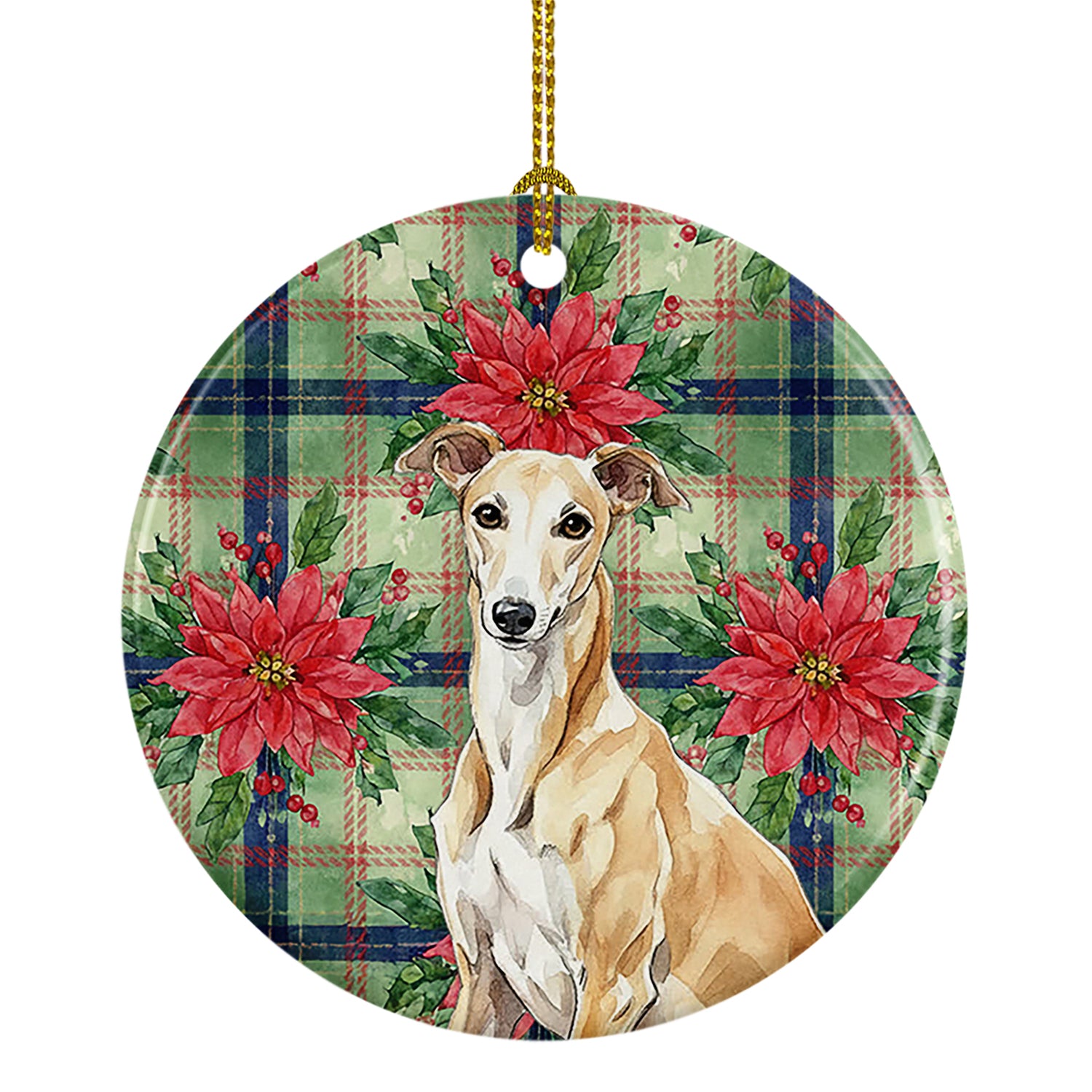 Caroline's Treasures Fawn Greyhound Christmas PoinsettIas Ceramic Ornament