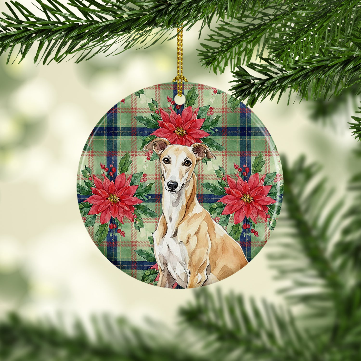 Caroline's Treasures Fawn Greyhound Christmas PoinsettIas Ceramic Ornament