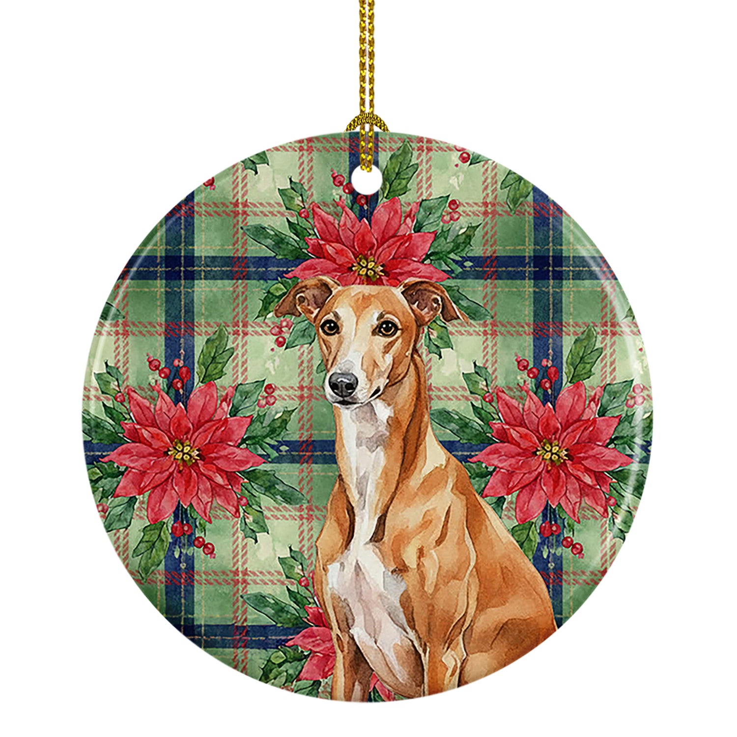 Caroline's Treasures Red Greyhound Christmas PoinsettIas Ceramic Ornament