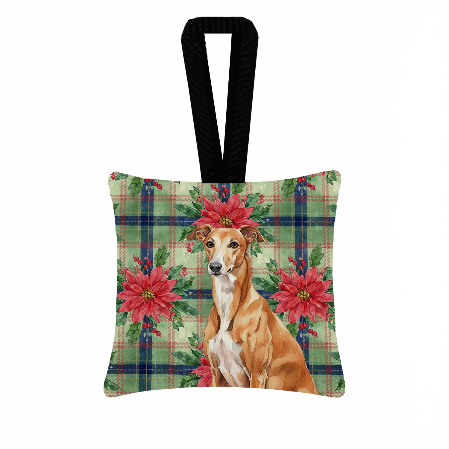 Caroline's Treasures Red Greyhound Christmas PoinsettIas Hanging Square Fabric Ornament 3.5 x 3.5