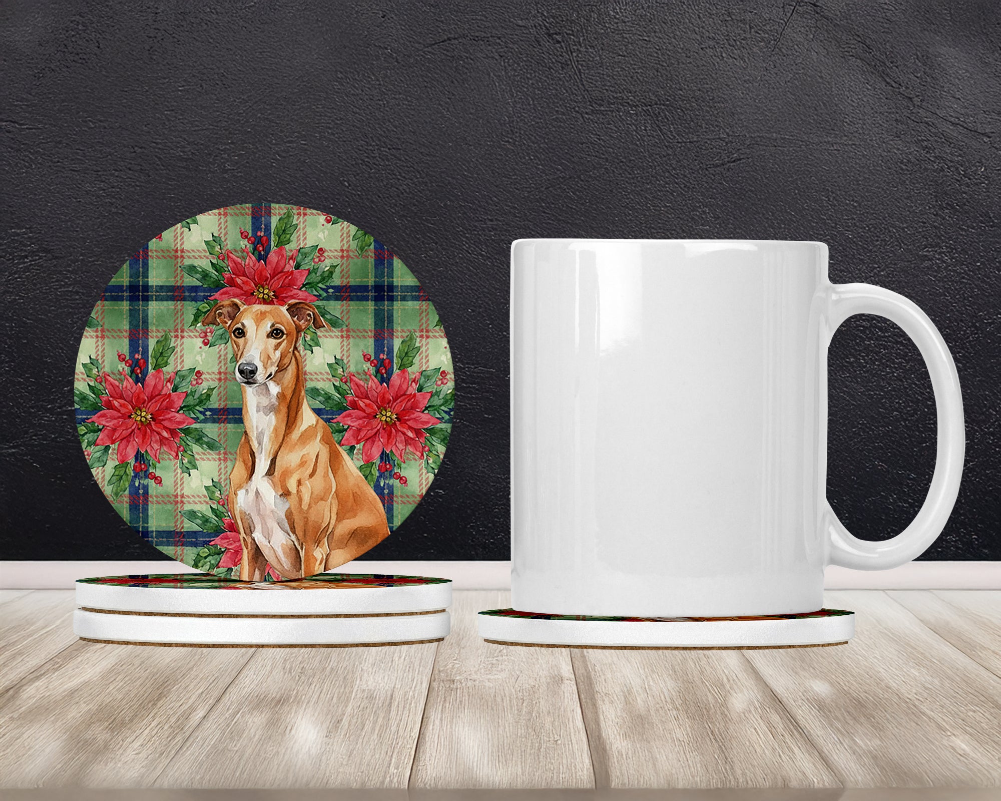 Caroline's Treasures Red Greyhound Christmas PoinsettIas Large Sandstone Coasters Pack of 4