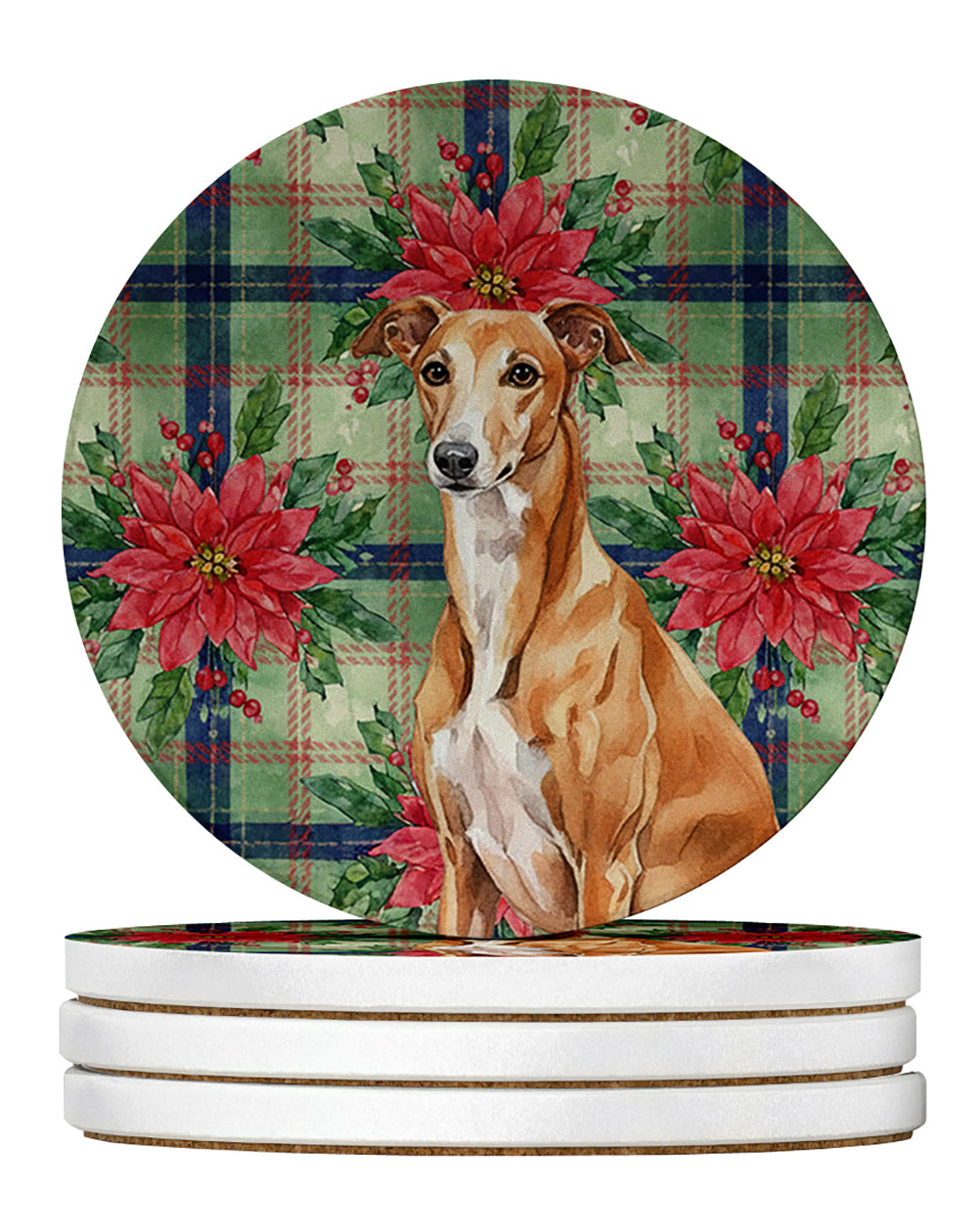 Caroline's Treasures Red Greyhound Christmas PoinsettIas Large Sandstone Coasters Pack of 4