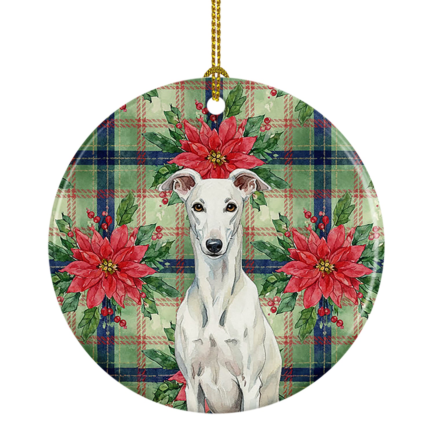 Caroline's Treasures White Greyhound Christmas PoinsettIas Ceramic Ornament