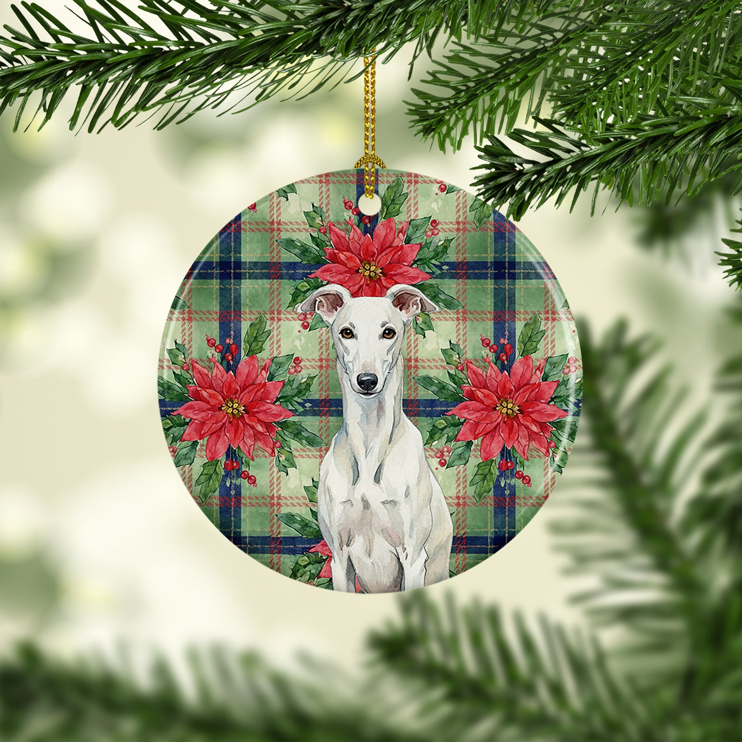 Caroline's Treasures White Greyhound Christmas PoinsettIas Ceramic Ornament