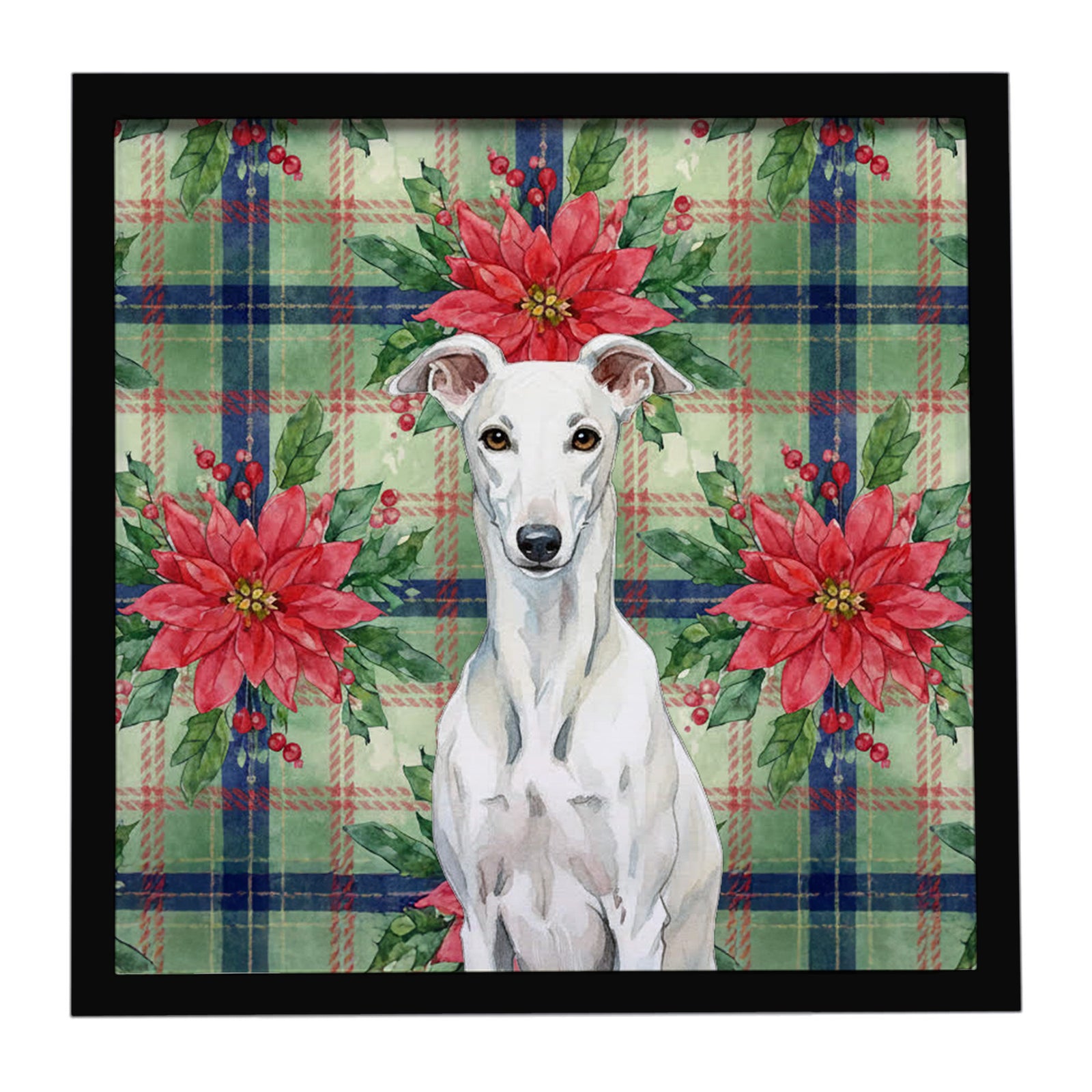 Caroline's Treasures White Greyhound Christmas PoinsettIas Framed Metal Print