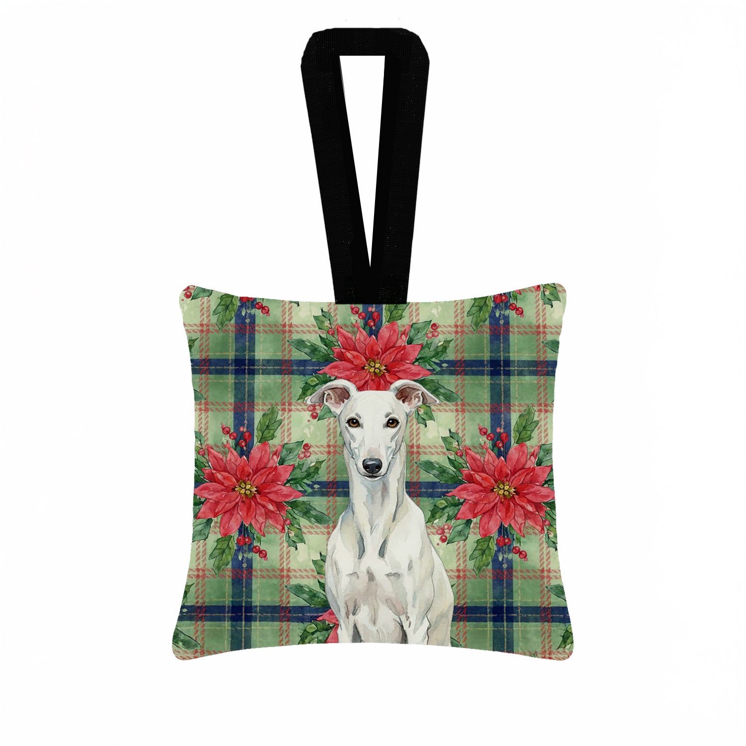 Caroline's Treasures White Greyhound Christmas PoinsettIas Hanging Square Fabric Ornament 3.5 x 3.5