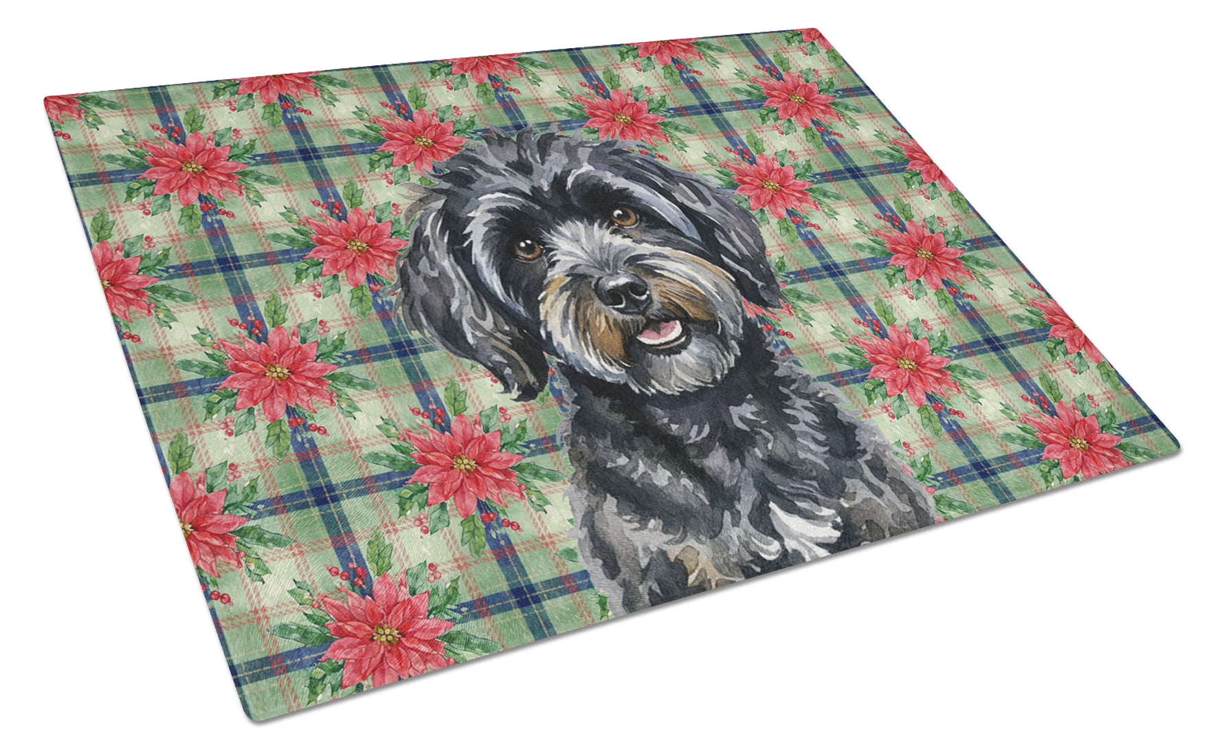 Caroline's Treasures Black Havanese Christmas PoinsettIas Glass Cutting Board