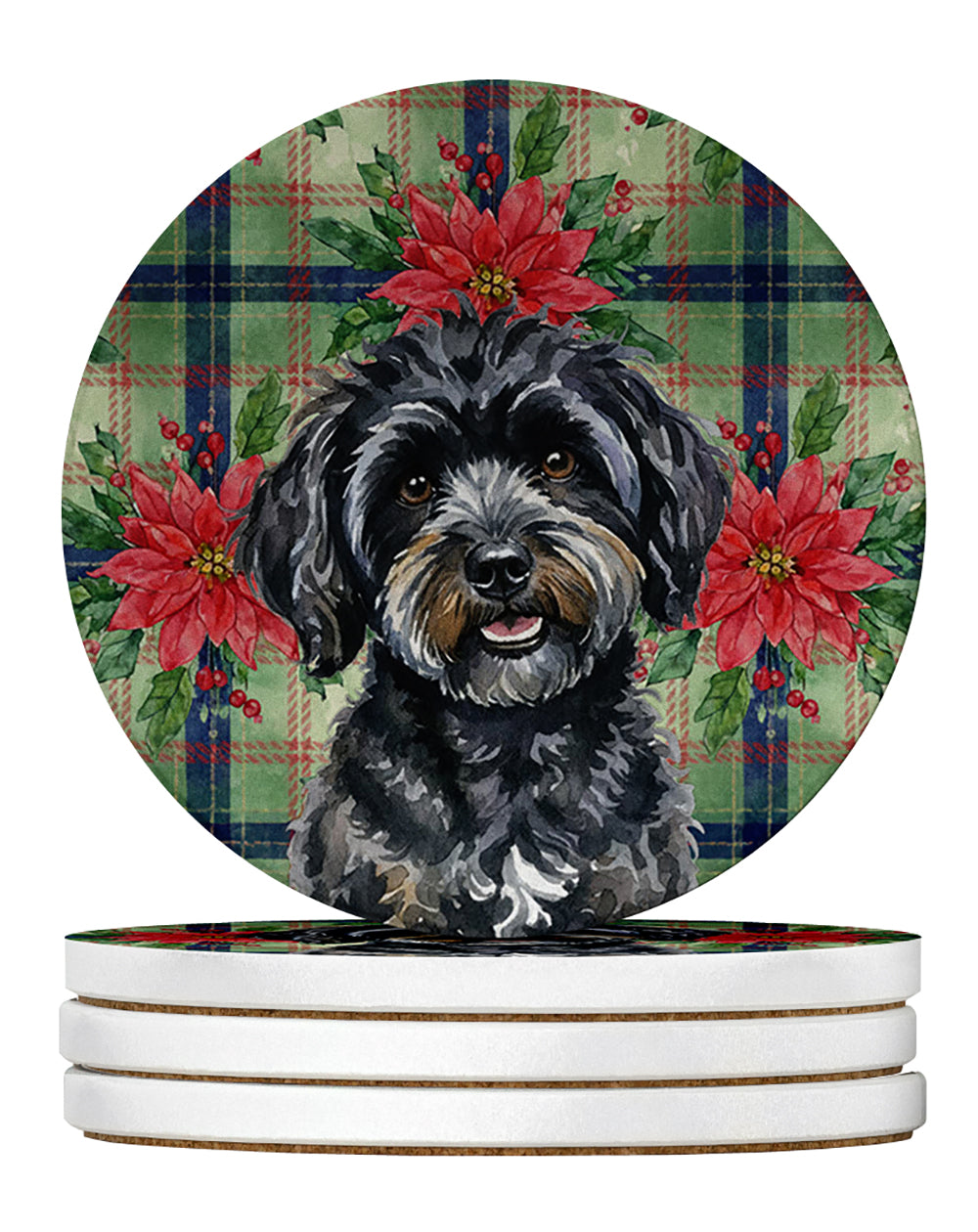 Caroline's Treasures Black Havanese Christmas PoinsettIas Large Sandstone Coasters Pack of 4