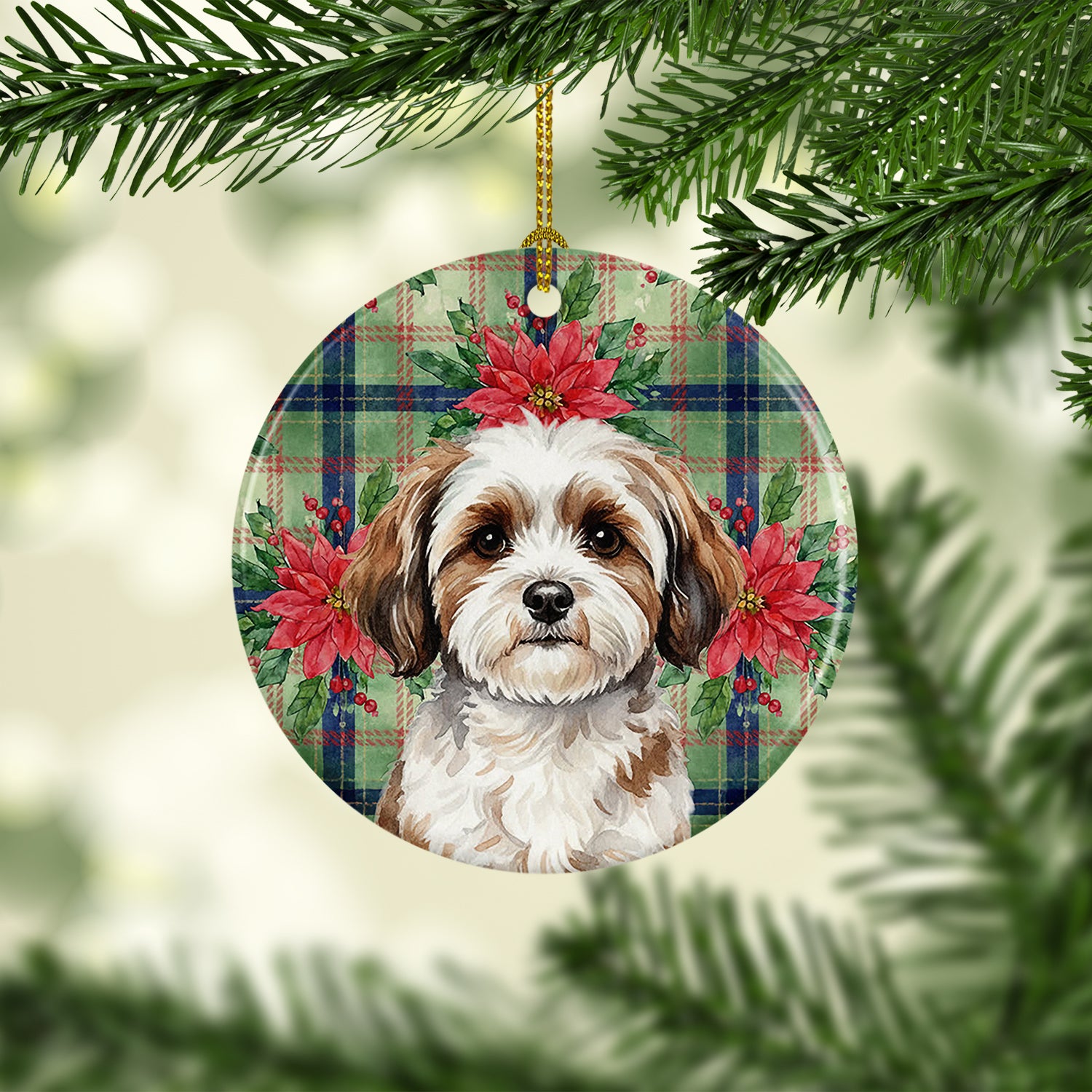 Caroline's Treasures Parti-color Havanese Christmas PoinsettIas Ceramic Ornament