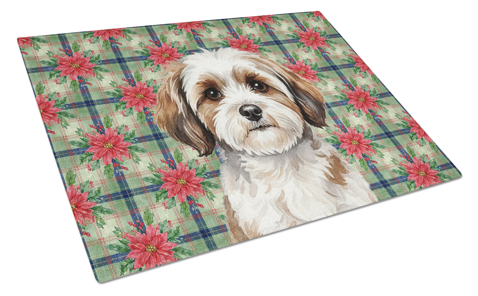 Caroline's Treasures Parti-color Havanese Christmas PoinsettIas Glass Cutting Board