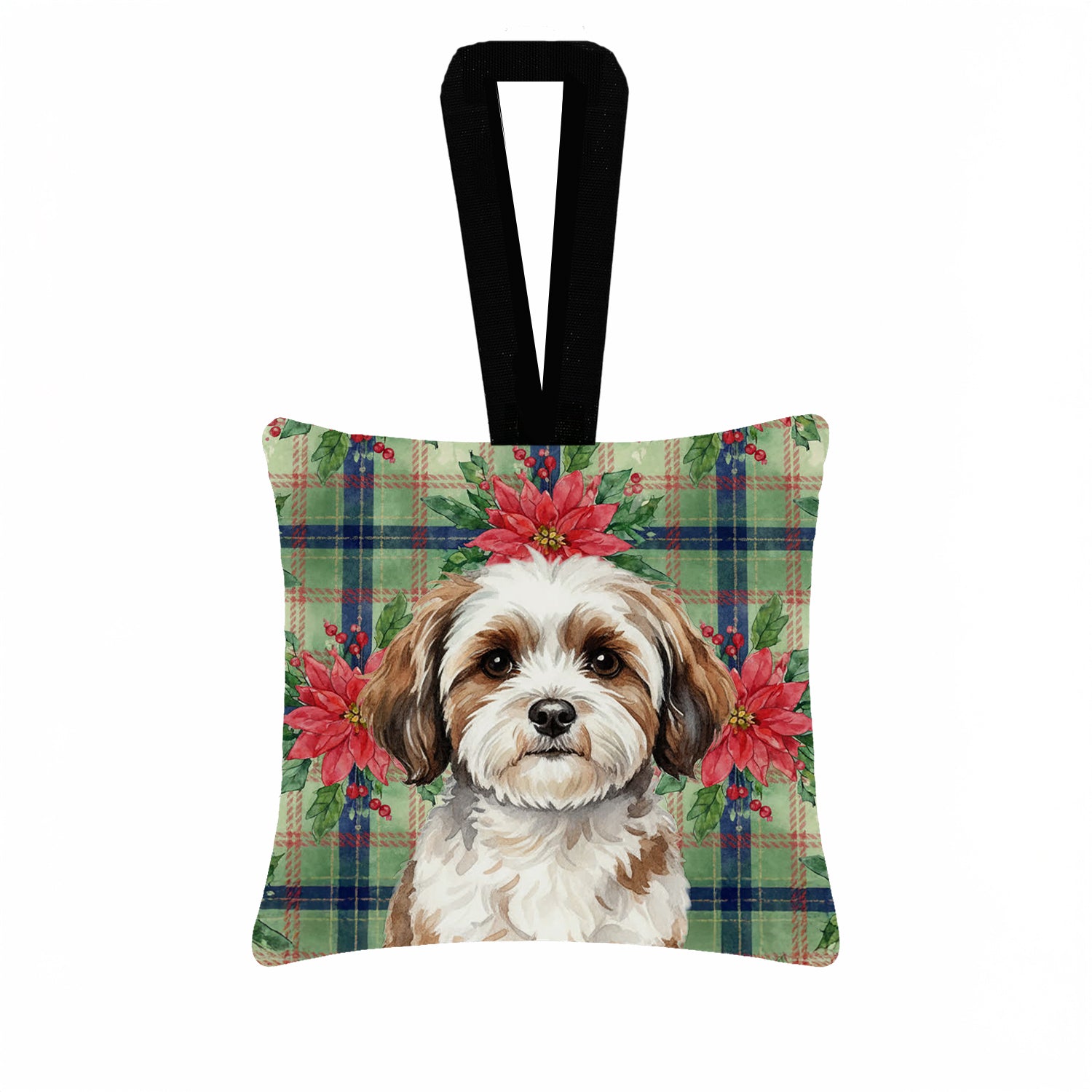 Caroline's Treasures Parti-color Havanese Christmas PoinsettIas Hanging Square Fabric Ornament 3.5 x 3.5