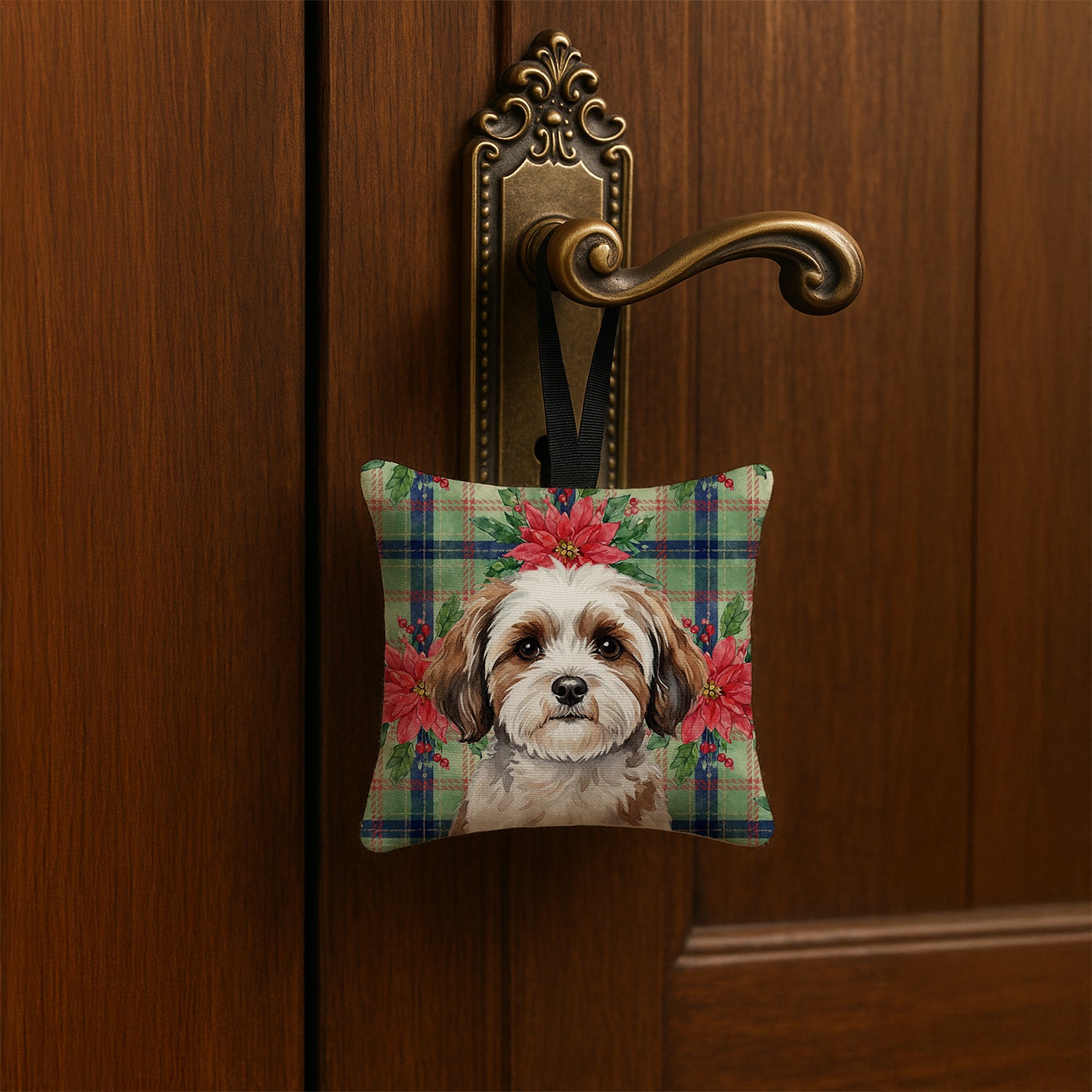 Caroline's Treasures Parti-color Havanese Christmas PoinsettIas Hanging Square Fabric Ornament 3.5 x 3.5