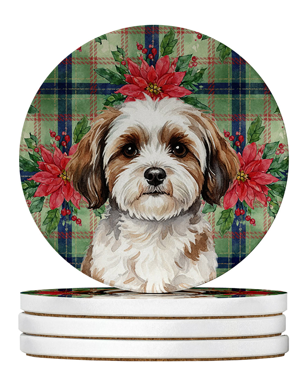 Caroline's Treasures Parti-color Havanese Christmas PoinsettIas Large Sandstone Coasters Pack of 4