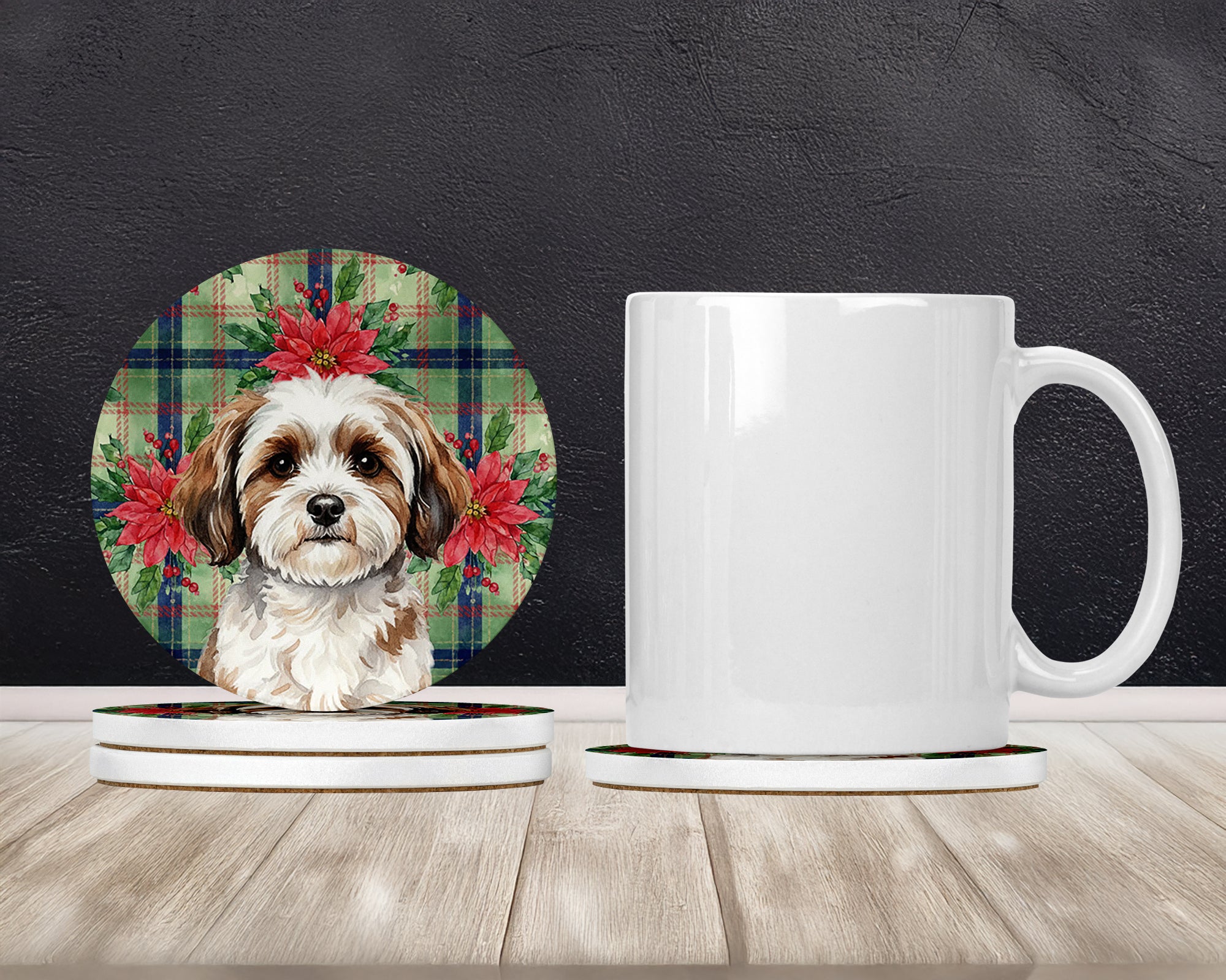Caroline's Treasures Parti-color Havanese Christmas PoinsettIas Large Sandstone Coasters Pack of 4