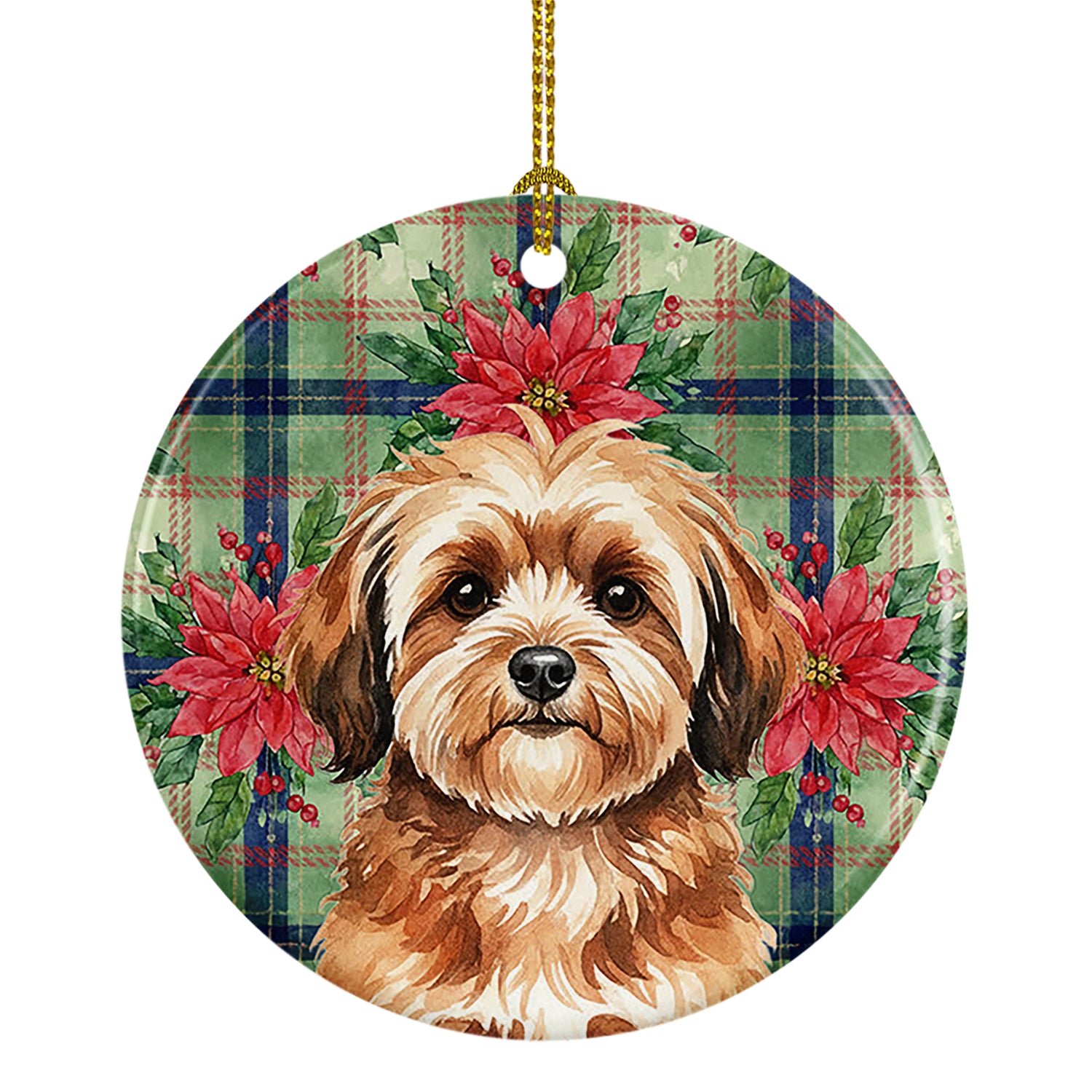 Caroline's Treasures Sable Havanese Christmas PoinsettIas Ceramic Ornament