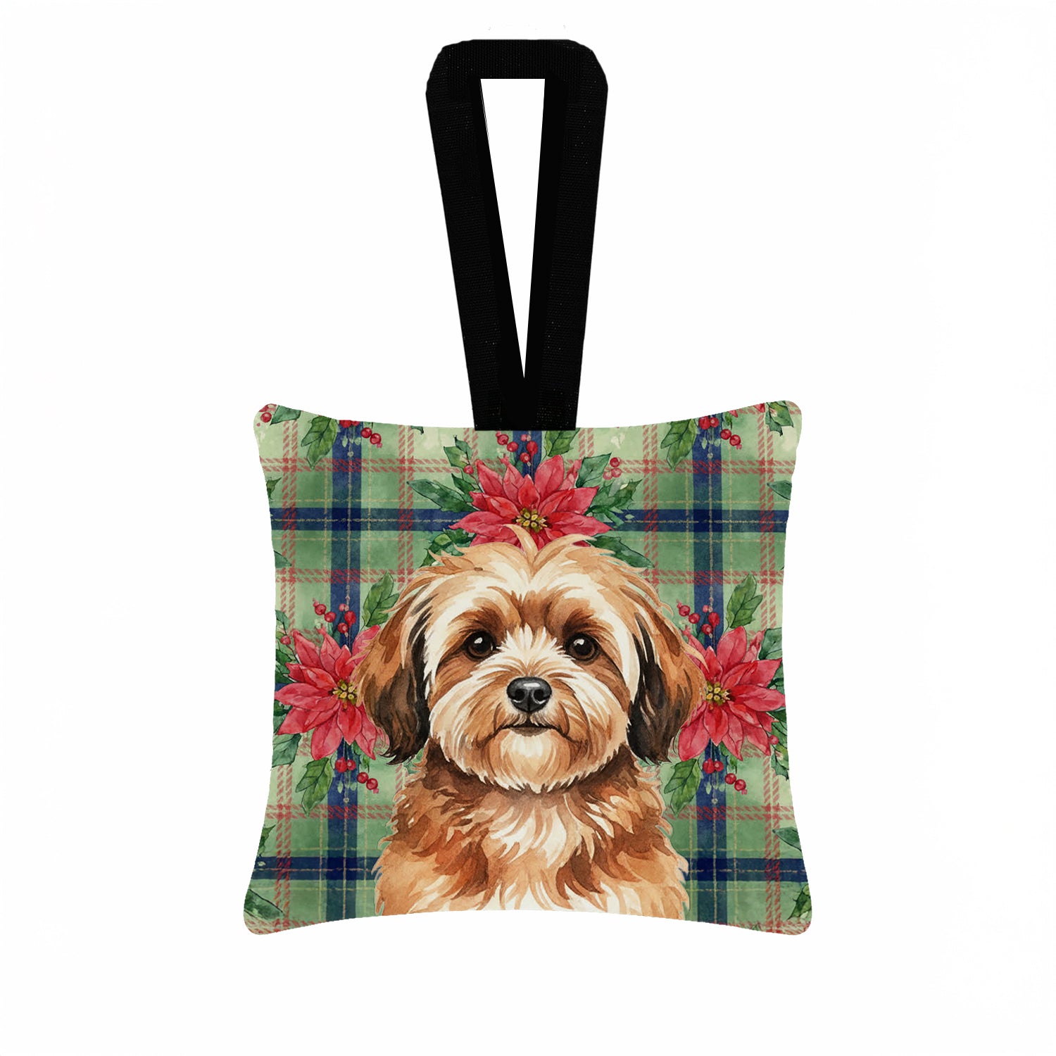 Caroline's Treasures Sable Havanese Christmas PoinsettIas Hanging Square Fabric Ornament 3.5 x 3.5