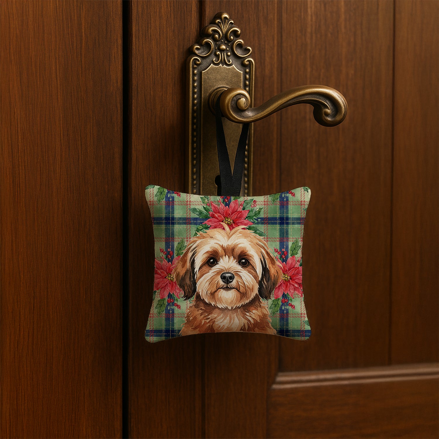 Caroline's Treasures Sable Havanese Christmas PoinsettIas Hanging Square Fabric Ornament 3.5 x 3.5