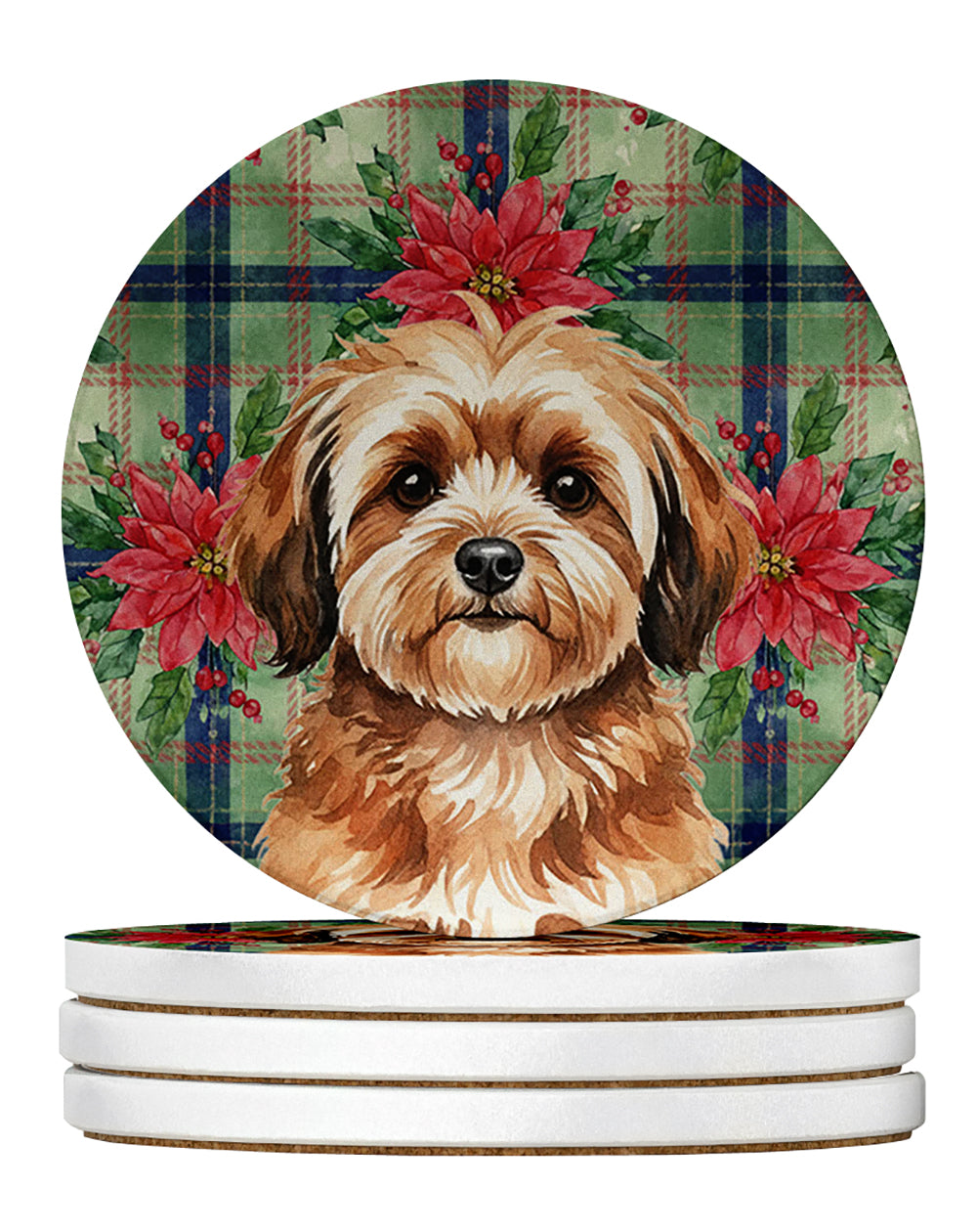 Caroline's Treasures Sable Havanese Christmas PoinsettIas Large Sandstone Coasters Pack of 4
