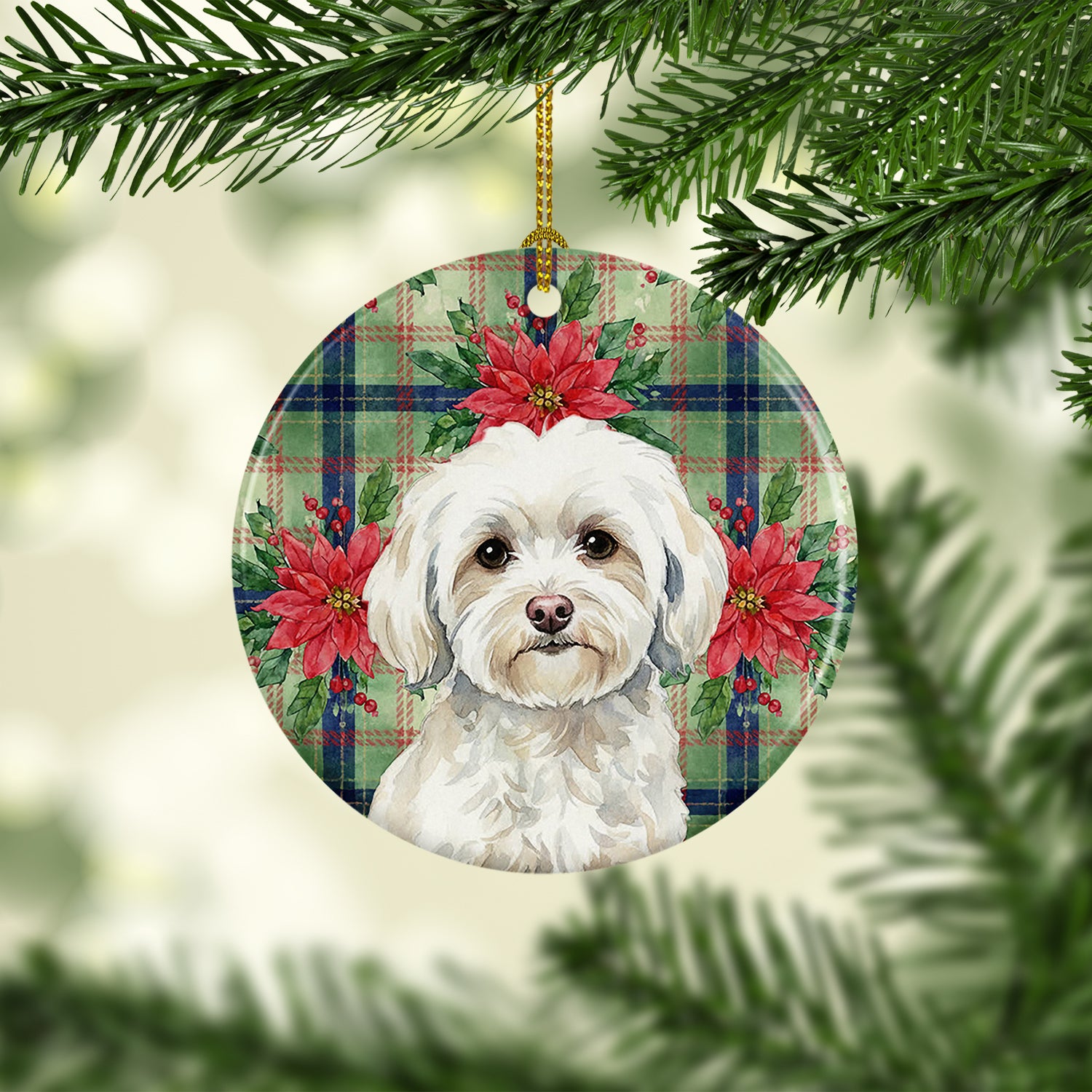 Caroline's Treasures White Havanese Christmas PoinsettIas Ceramic Ornament