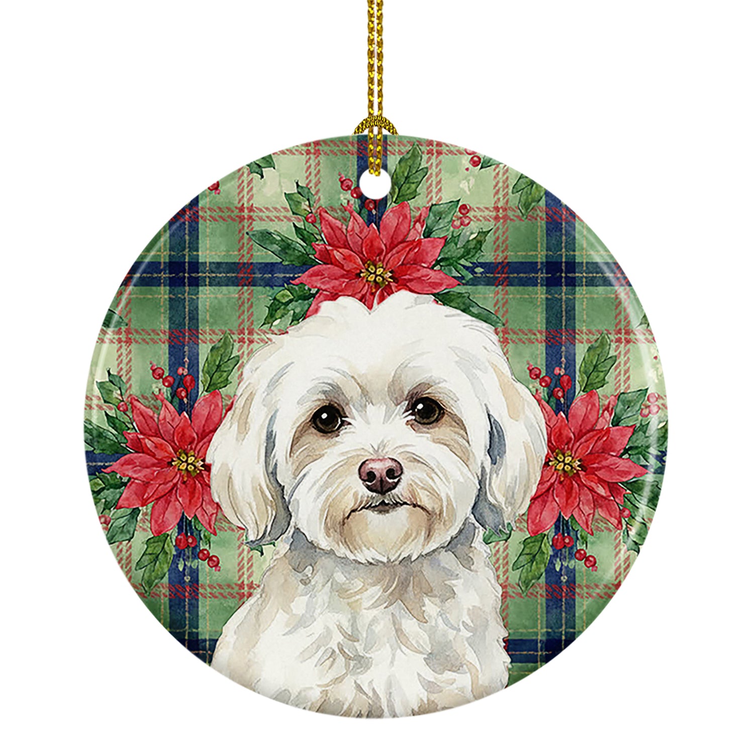 Caroline's Treasures White Havanese Christmas PoinsettIas Ceramic Ornament