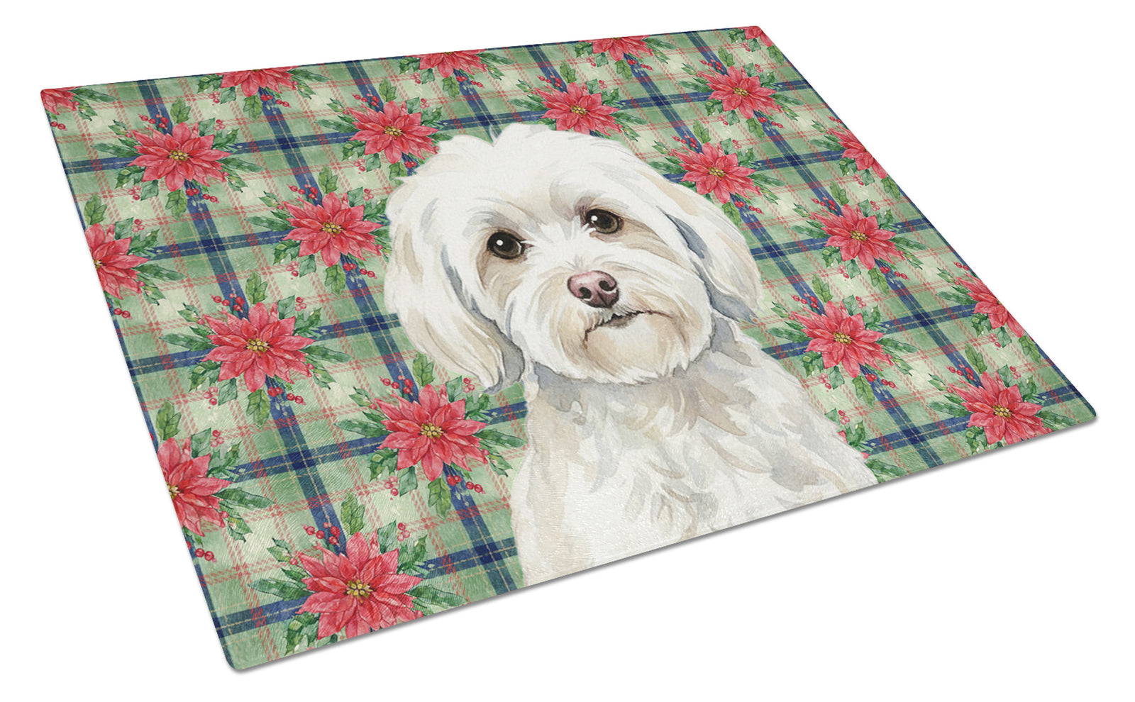 Caroline's Treasures White Havanese Christmas PoinsettIas Glass Cutting Board