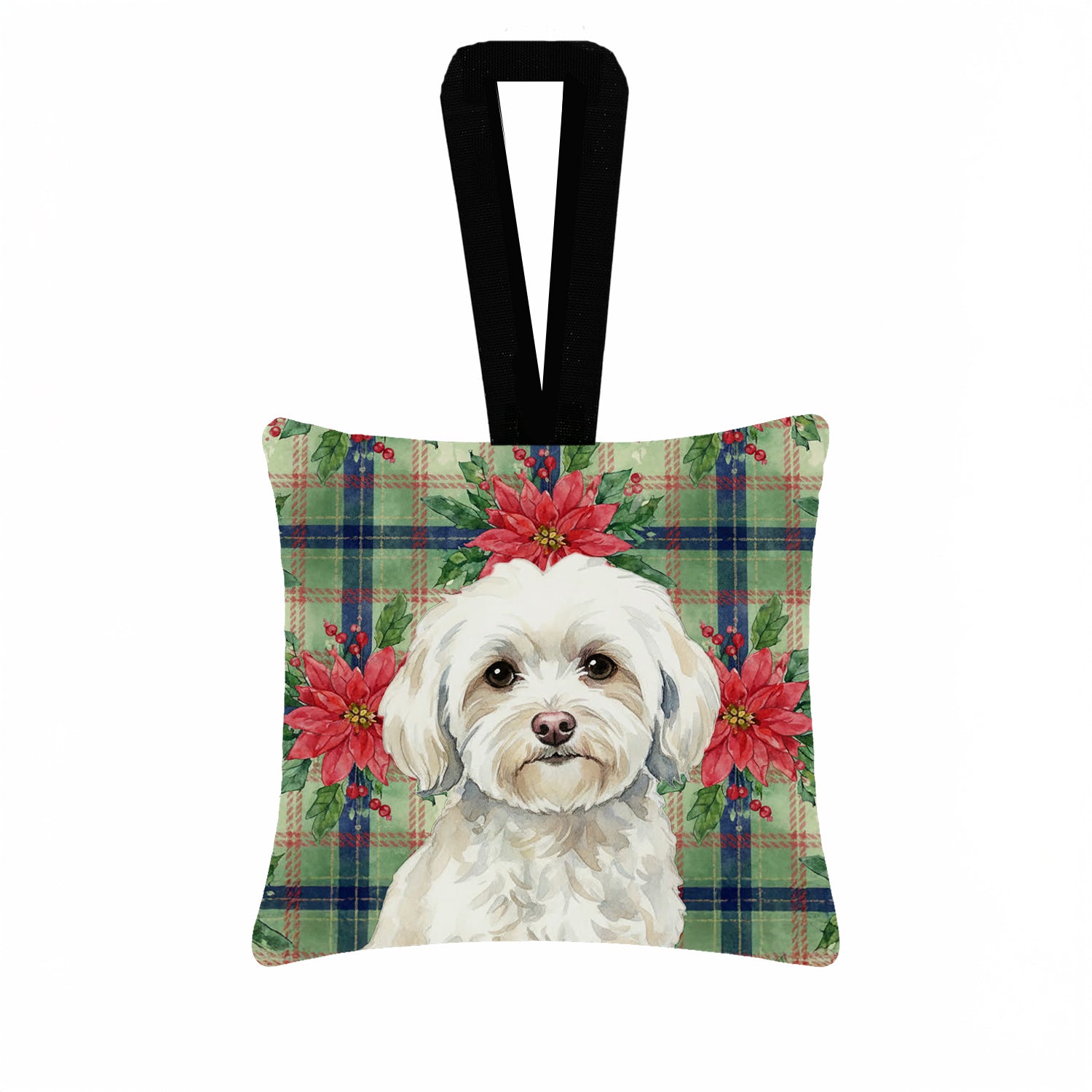 Caroline's Treasures White Havanese Christmas PoinsettIas Hanging Square Fabric Ornament 3.5 x 3.5