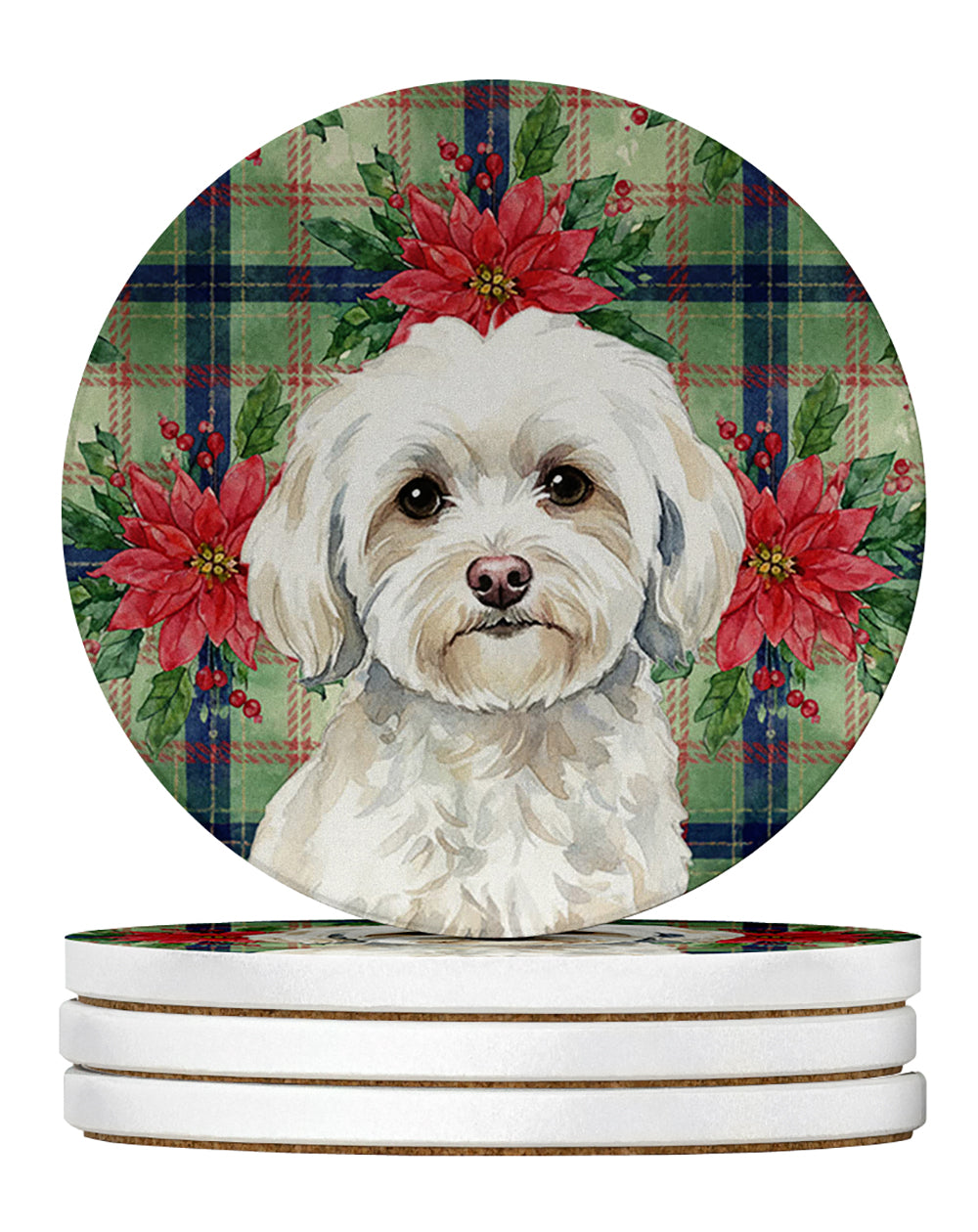 Caroline's Treasures White Havanese Christmas PoinsettIas Large Sandstone Coasters Pack of 4