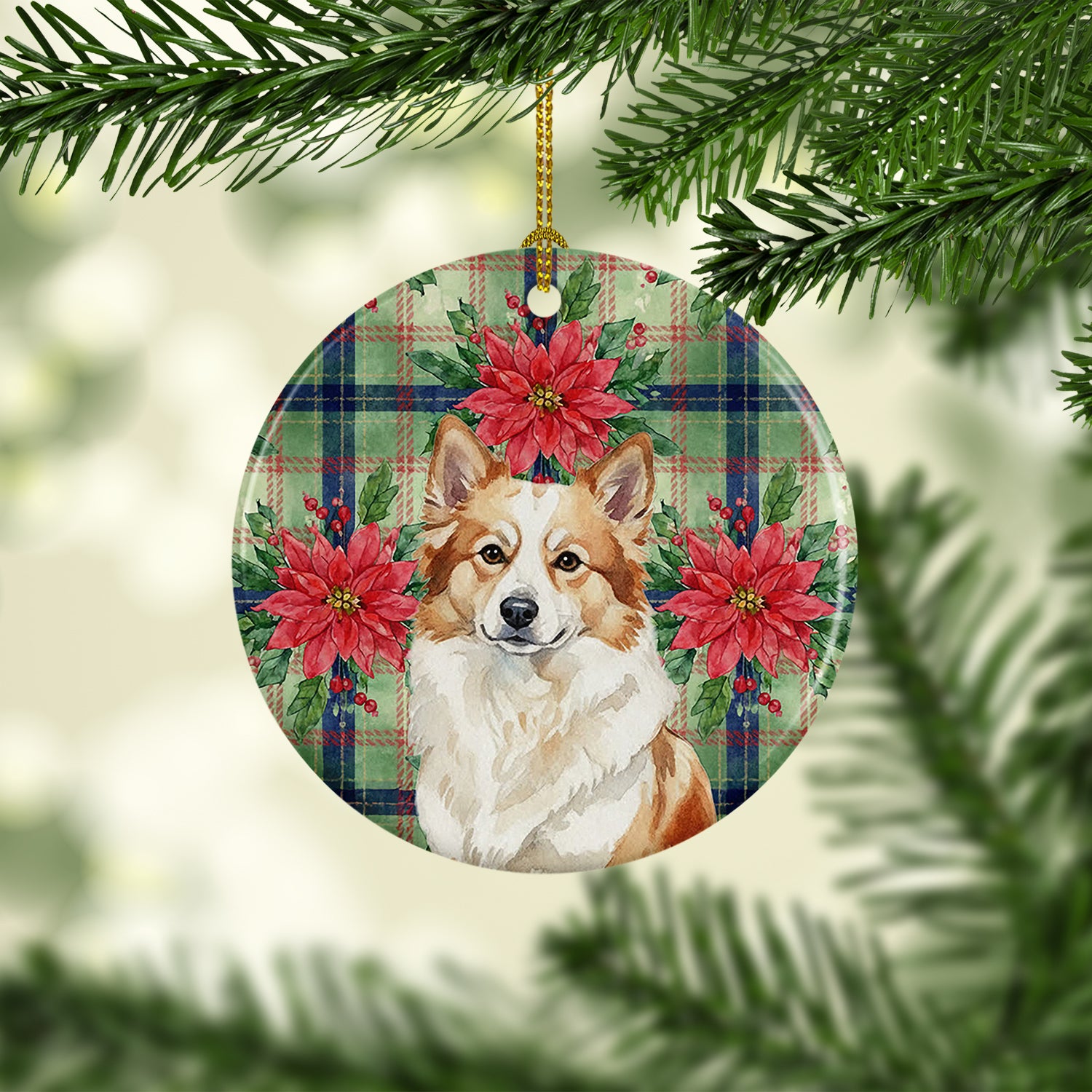 Caroline's Treasures Tan Icelandic Sheepdog Christmas PoinsettIas Ceramic Ornament