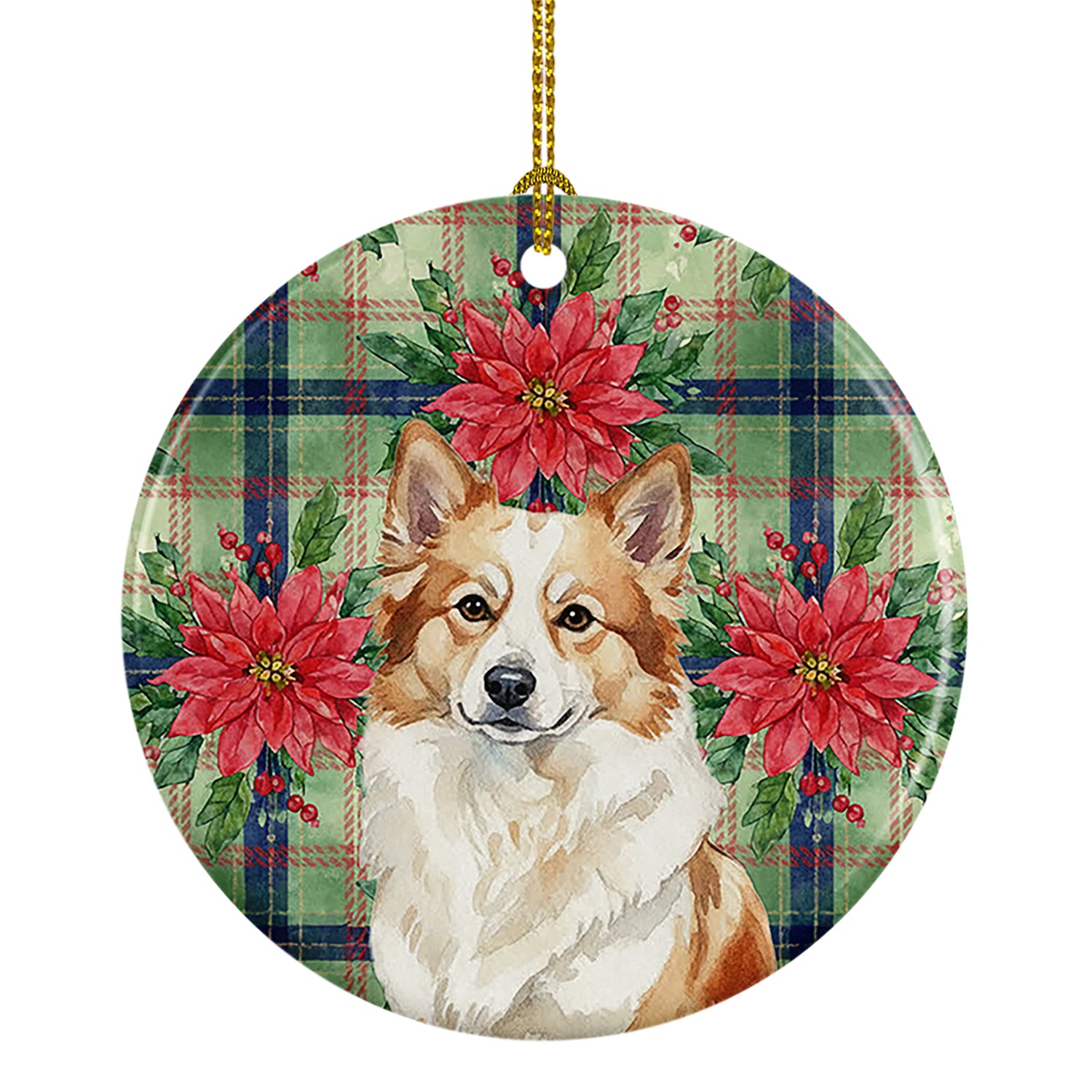 Caroline's Treasures Tan Icelandic Sheepdog Christmas PoinsettIas Ceramic Ornament