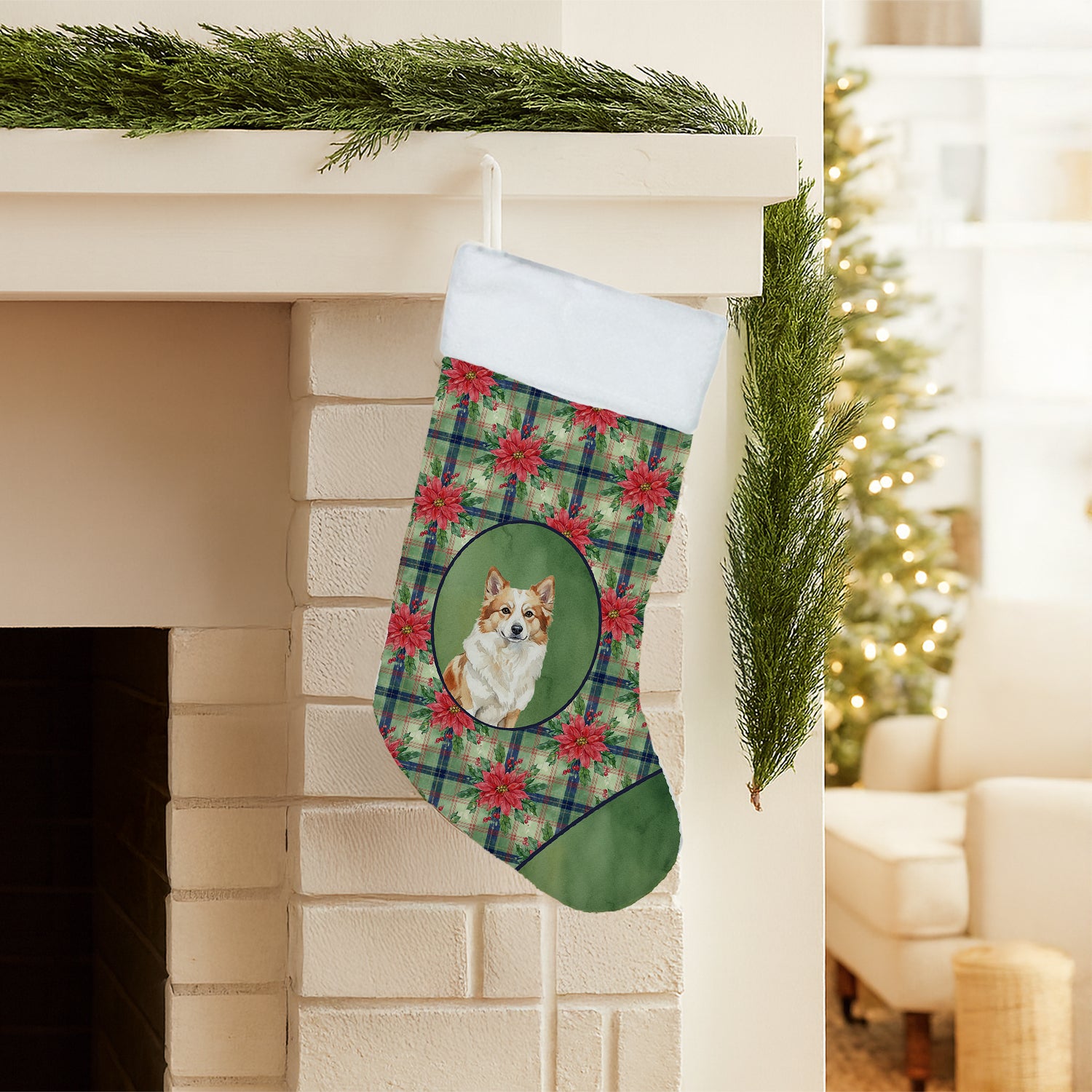 Caroline's Treasures Tan Icelandic Sheepdog Christmas PoinsettIas Holiday Stocking