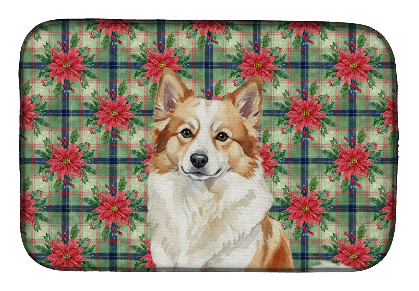 Caroline's Treasures Tan Icelandic Sheepdog Christmas PoinsettIas Dish Drying Mat