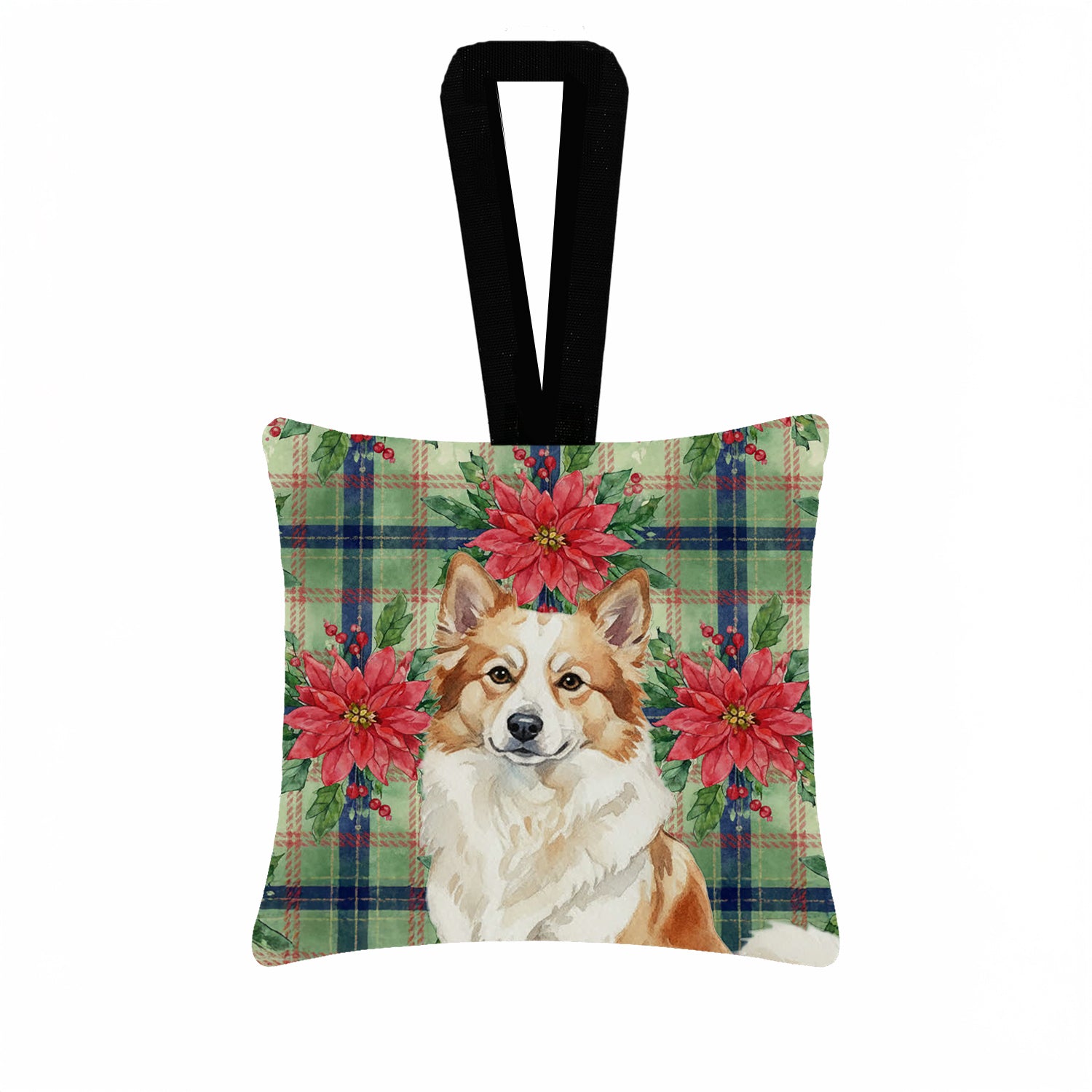 Caroline's Treasures Tan Icelandic Sheepdog Christmas PoinsettIas Hanging Square Fabric Ornament 3.5 x 3.5