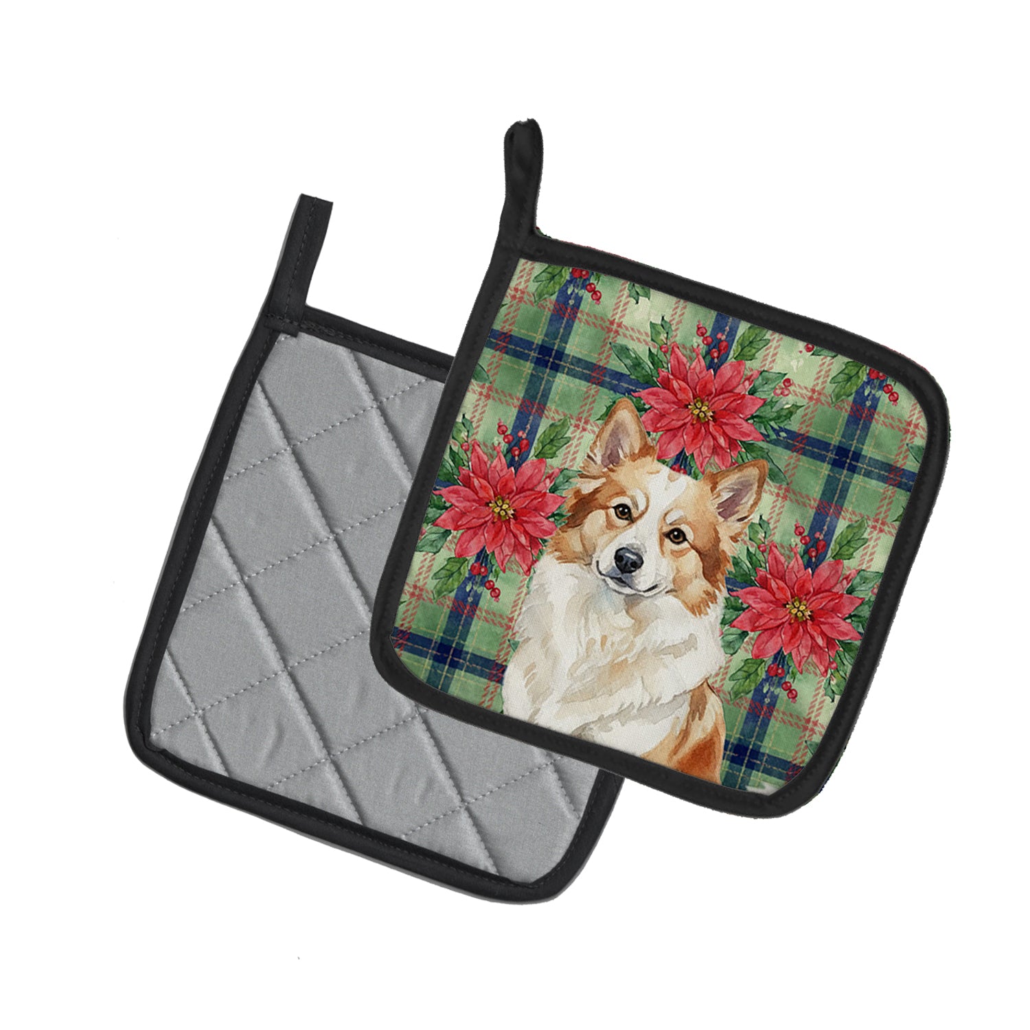 Caroline's Treasures Tan Icelandic Sheepdog Christmas PoinsettIas Pair of Pot Holders