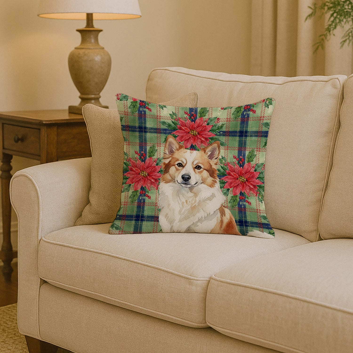 Caroline's Treasures Tan Icelandic Sheepdog Christmas PoinsettIas Throw Pillow