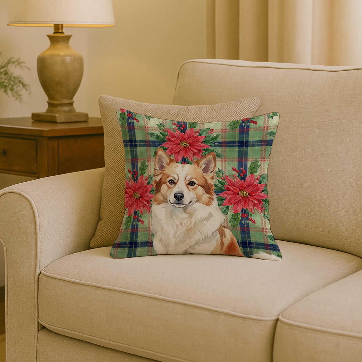 Caroline's Treasures Tan Icelandic Sheepdog Christmas PoinsettIas Throw Pillow