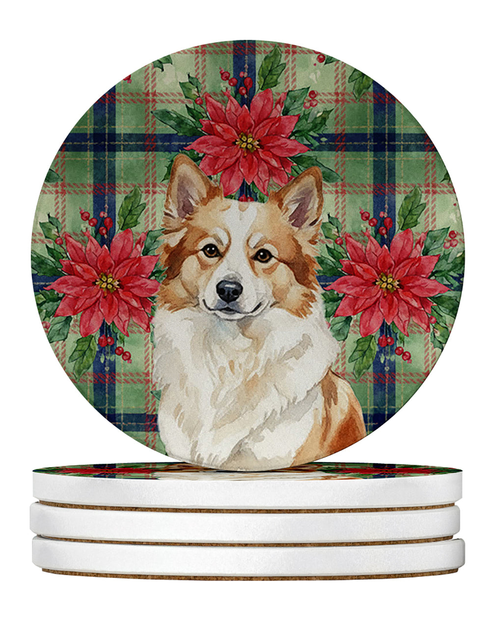 Caroline's Treasures Tan Icelandic Sheepdog Christmas PoinsettIas Large Sandstone Coasters Pack of 4