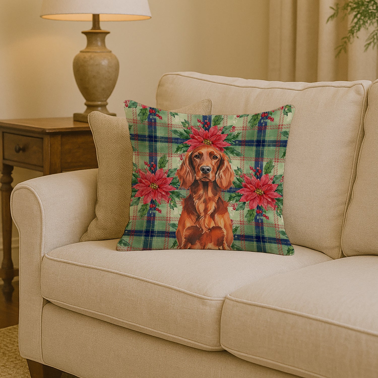 Caroline's Treasures Irish Setter Christmas PoinsettIas Throw Pillow