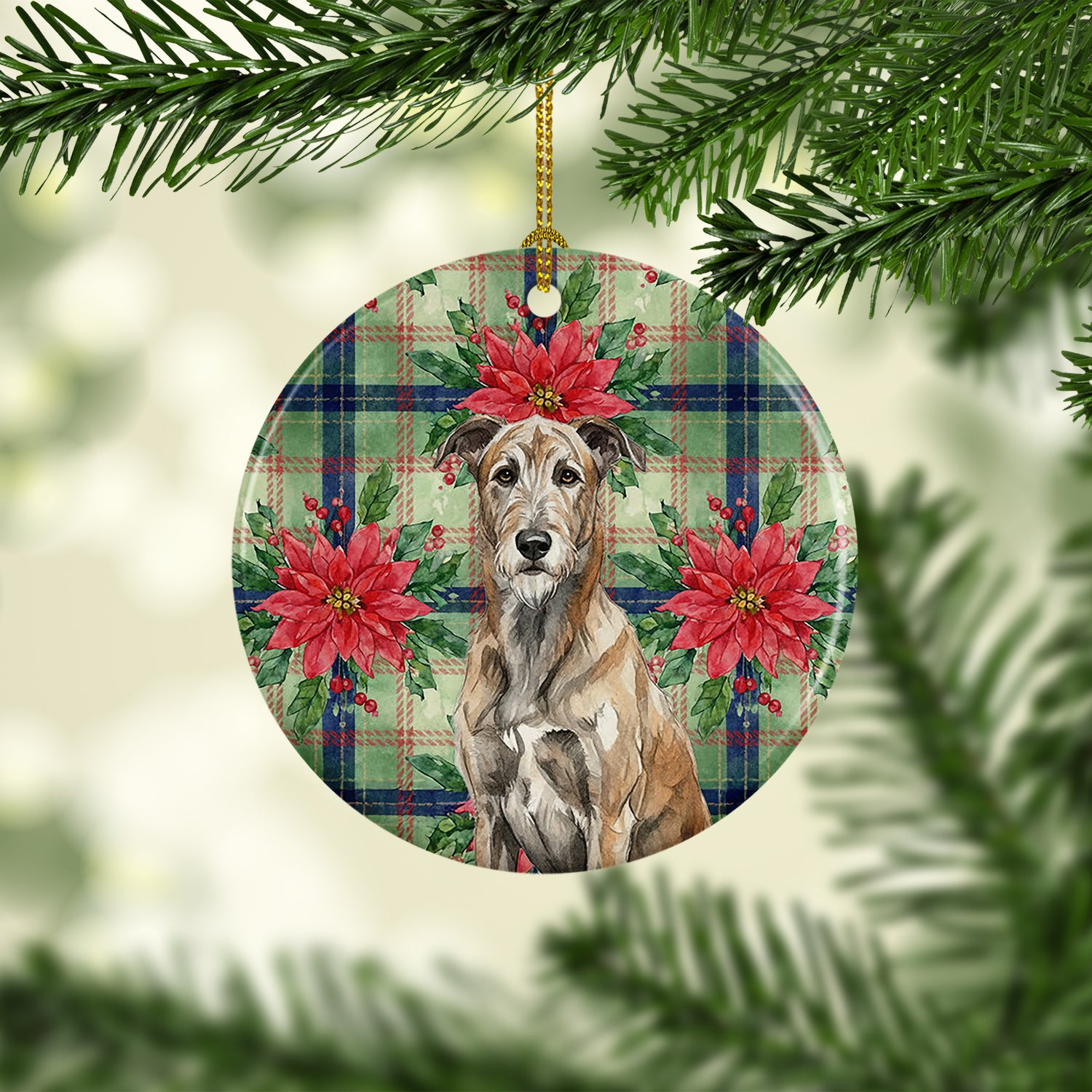 Caroline's Treasures Brindle Irish Wolfhound Christmas PoinsettIas Ceramic Ornament