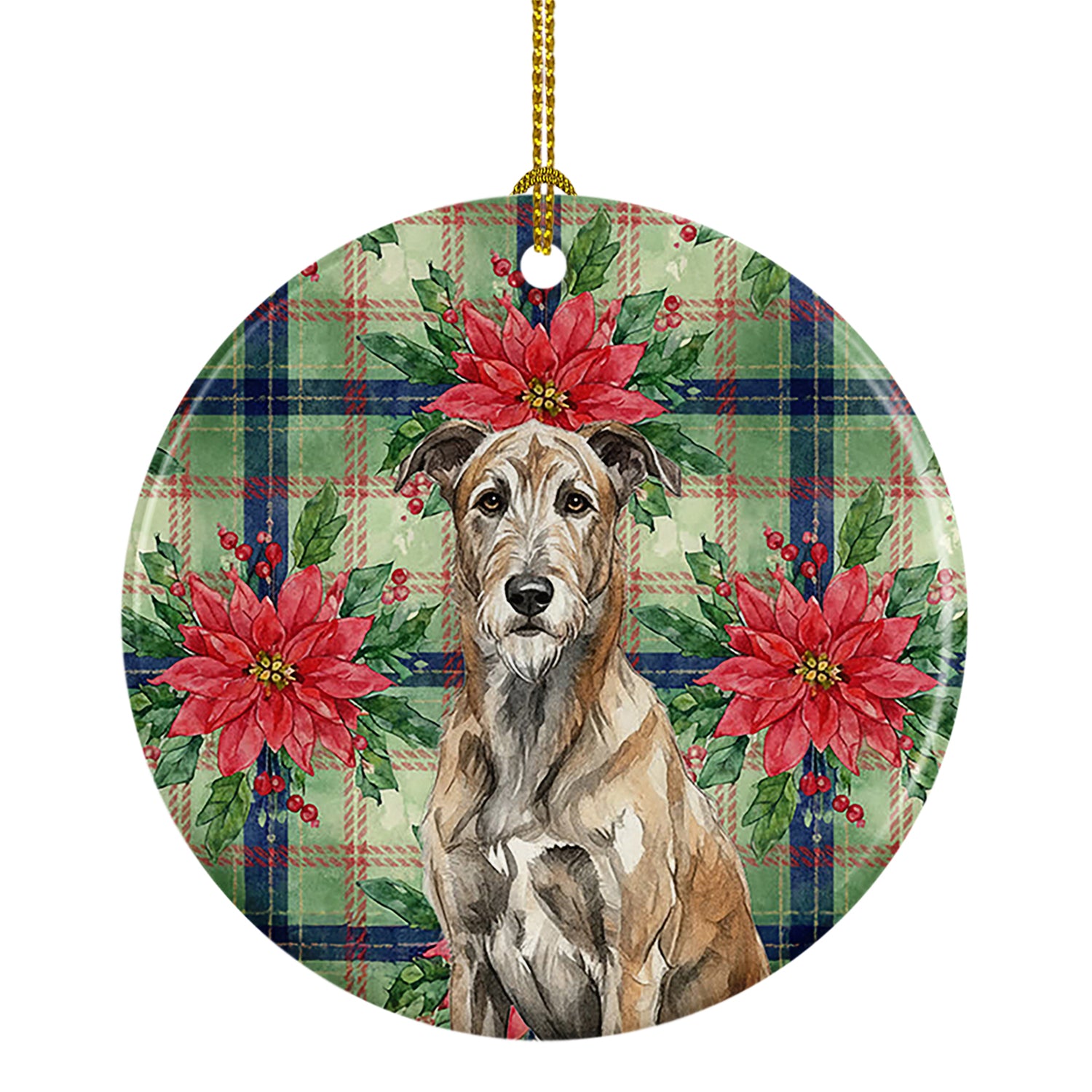 Caroline's Treasures Brindle Irish Wolfhound Christmas PoinsettIas Ceramic Ornament